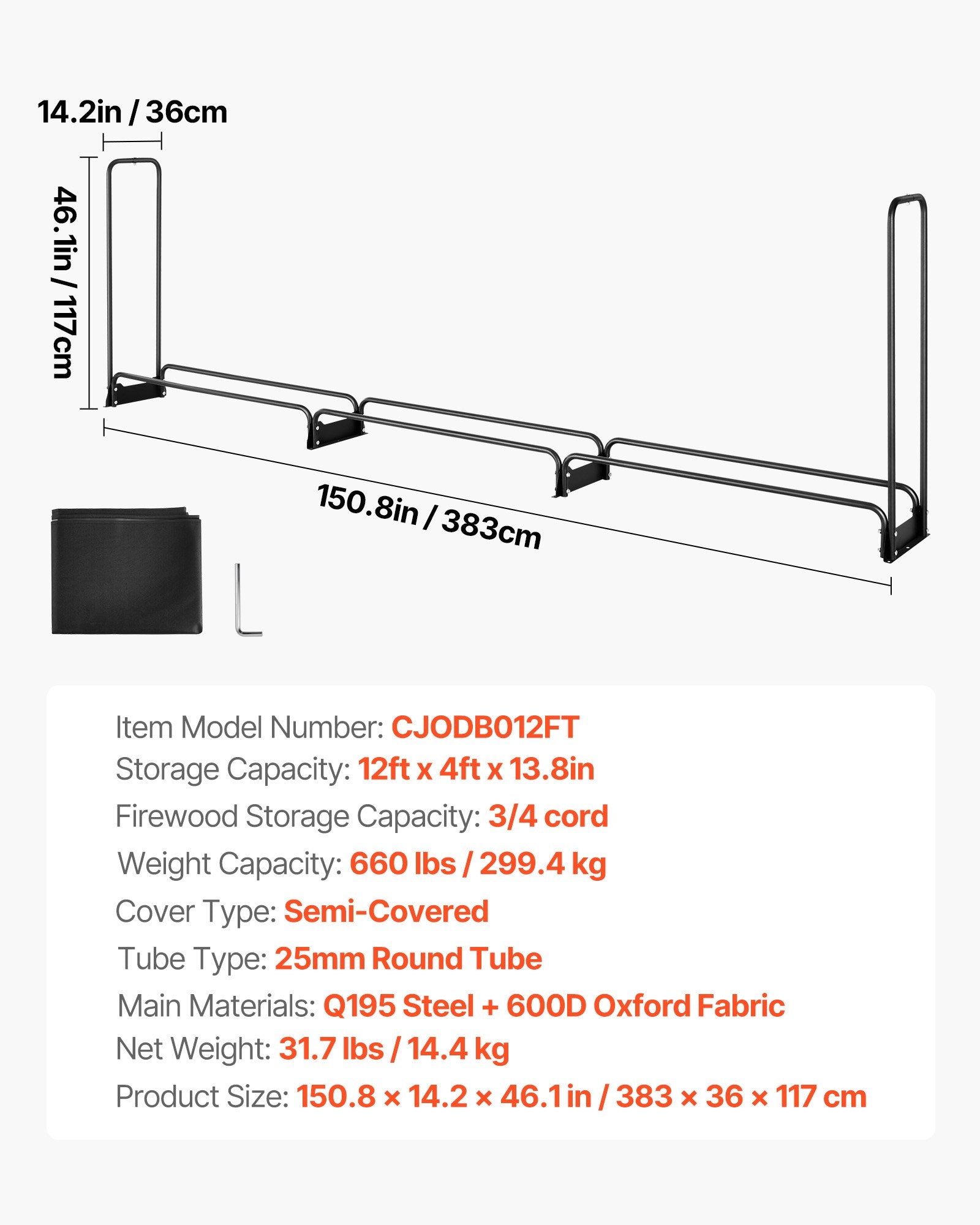 Firewood Rack with Waterproof Cover, 383 x 36 x 117 cm Outdoor Firewood Holder, 660lb Weight Capacity, 1/2 V952-DCJPSYGNJB152FGMBV0