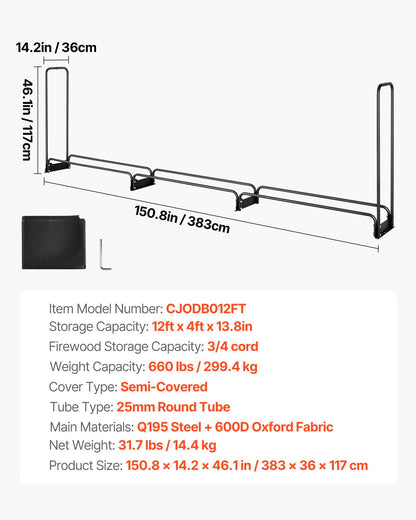 Firewood Rack with Waterproof Cover, 383 x 36 x 117 cm Outdoor Firewood Holder, 660lb Weight Capacity, 1/2 V952-DCJPSYGNJB152FGMBV0