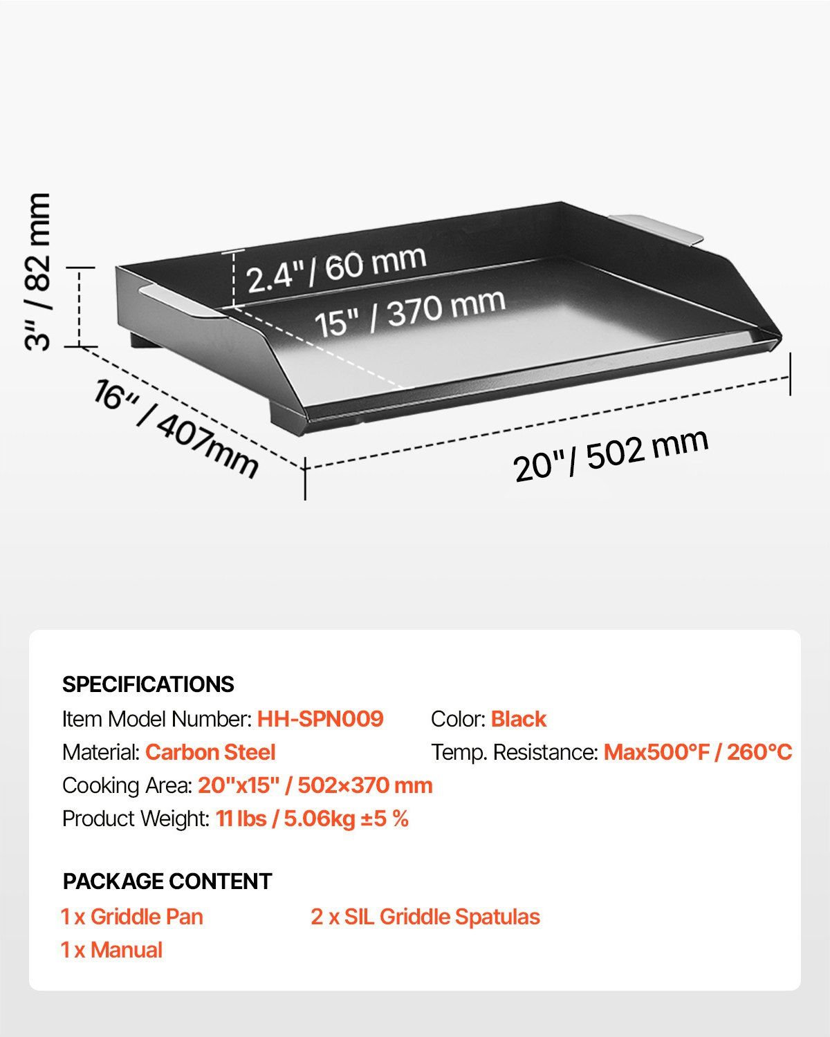 Carbon Steel Griddle, 22x16 inch Universal Flat Top Rectangular Plate, Gas Grill Griddle for BBQ Grill, V952-DCJPTG2016INSC89SV0