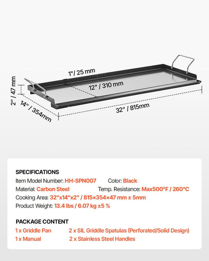 Carbon Steel Griddle, 32x14 inch Universal Flat Top Rectangular Plate, Gas Grill Griddle for BBQ Grill, V952-DCJPTG3214INVTJ16V0