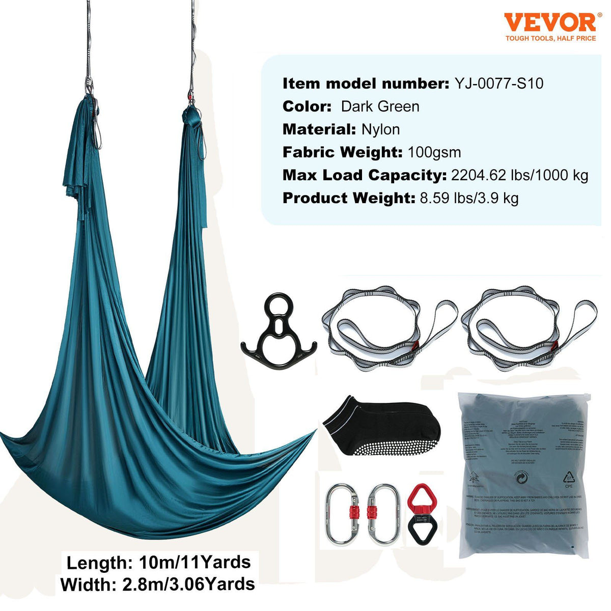 Aerial Silk & Yoga Swing, 10 m Length, Aerial Yoga Hammock Kit with 100gsm Nylon Fabric, Full Rigging V952-DCK10X28MMLCZSF51V0