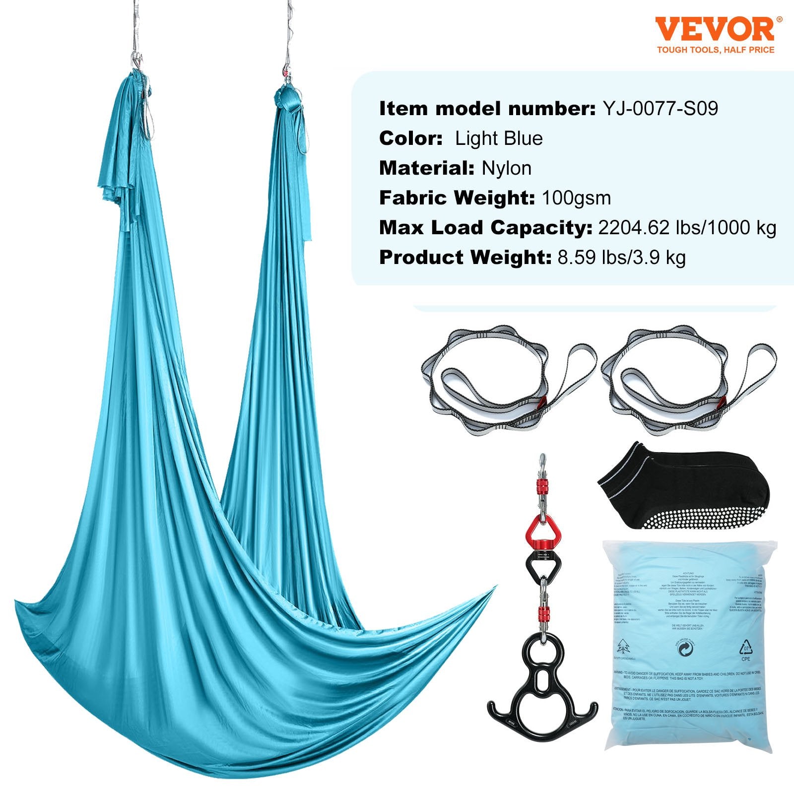 Aerial Silk & Yoga Swing, 10 m Length, Aerial Yoga Hammock Kit with 100gsm Nylon Fabric, Full Rigging V952-DCK10X28MQLSMTBOTV0