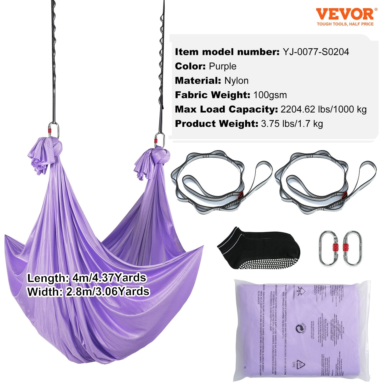 Aerial Yoga Hammock & Swing, 4 m Length, Yoga Starter Kit with 100gsm Nylon Fabric, Full Rigging Hardware and V952-DCK4X28MQZSCOPF54V0