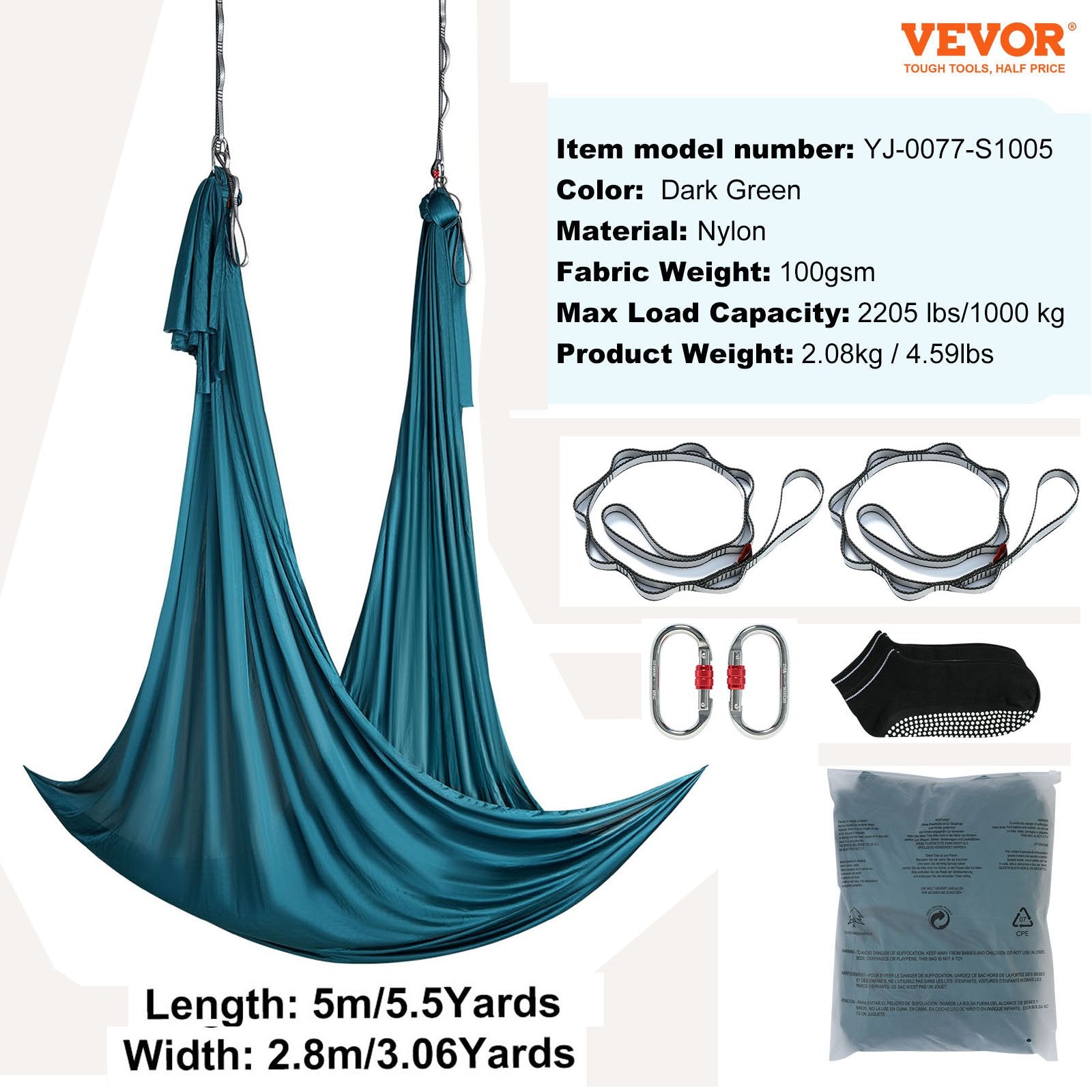 Aerial Yoga Hammock & Swing, 5 m Length Aerial Yoga Starter Kit with 100gsm Nylon Fabric, Full Rigging V952-DCK5X28MMLCBLHMSZV0