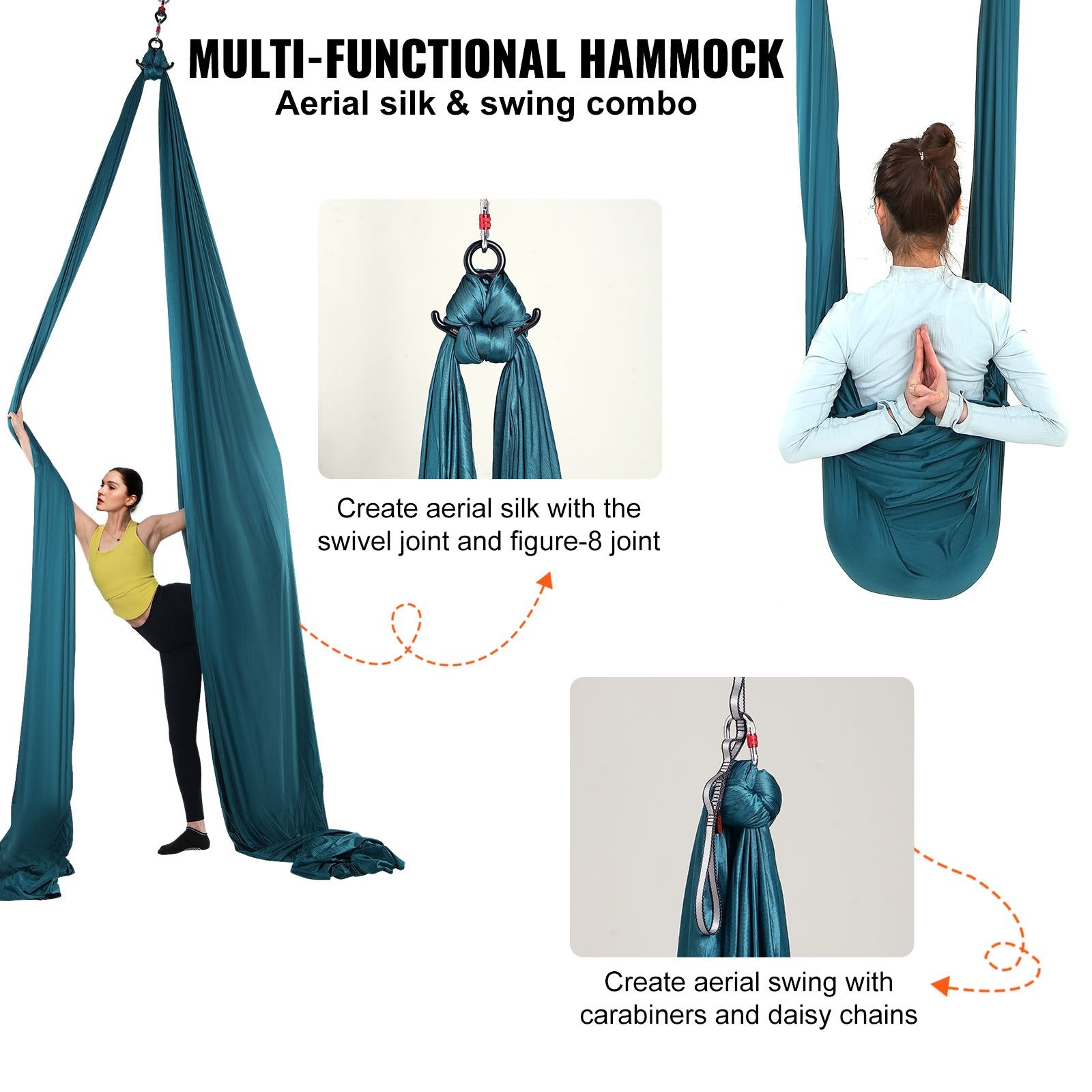Aerial Silk & Yoga Swing, 8 m Length, Aerial Yoga Hammock Kit with 100gsm Nylon Fabric, Full Rigging Hardware V952-DCK822X28MML05J02V0