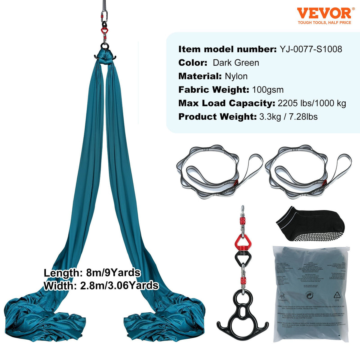 Aerial Silk & Yoga Swing, 8 m Length, Aerial Yoga Hammock Kit with 100gsm Nylon Fabric, Full Rigging Hardware V952-DCK822X28MML05J02V0