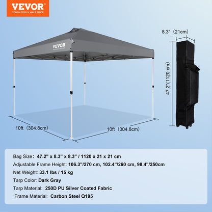 Pop Up Canopy Tent, 10 x 10 ft, 250 D PU Silver Coated Tarp, with Portable Roller Bag and 4 Sandbags, V952-DCSTPS10X10FTASXAV0
