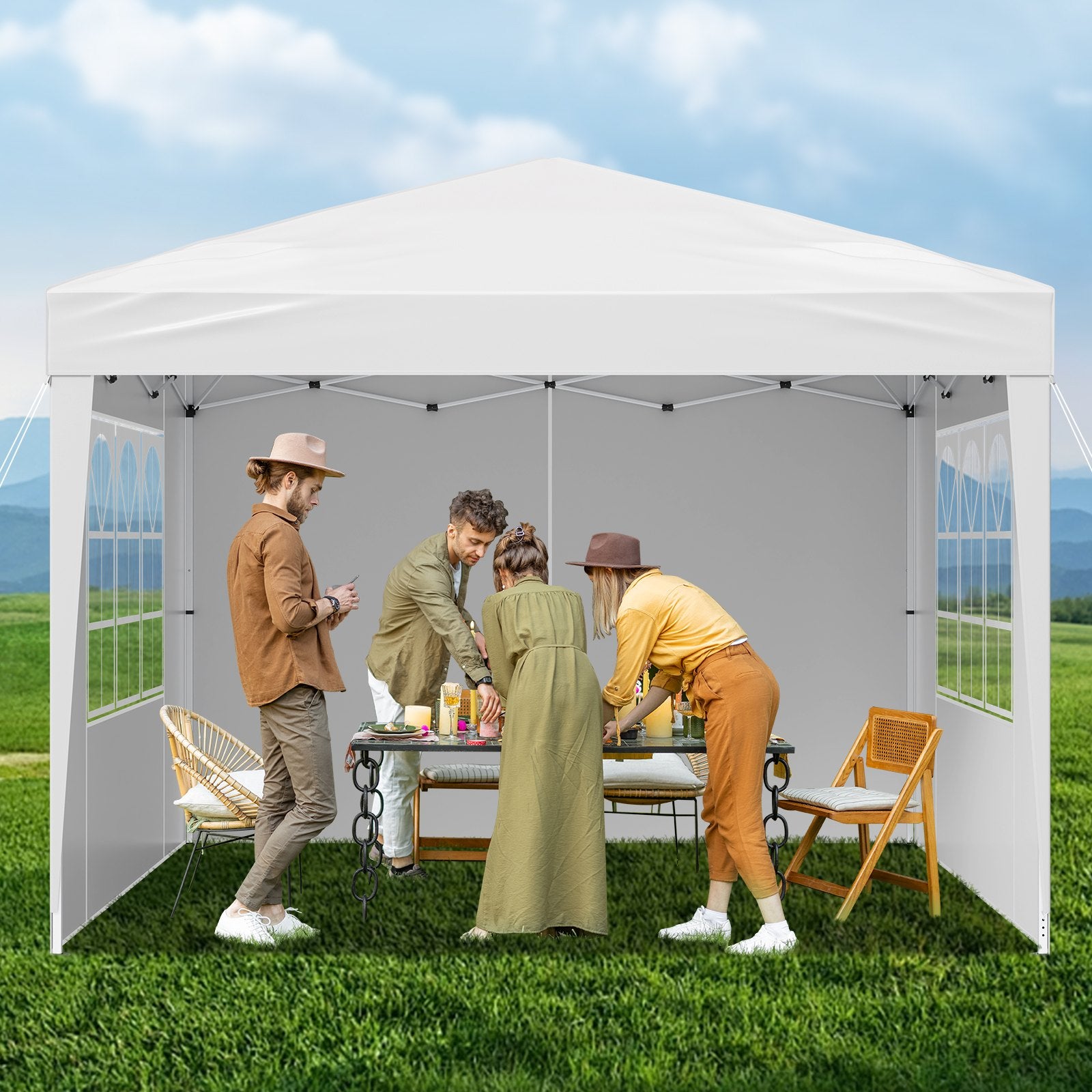 Pop Up Canopy, 2.95 x 2.95 m Instant Canopy Portable Gazebo with 3 Sidewalls & 2 Ventilated Windows, Height V952-DCSYPPBK1010EPGQXV0