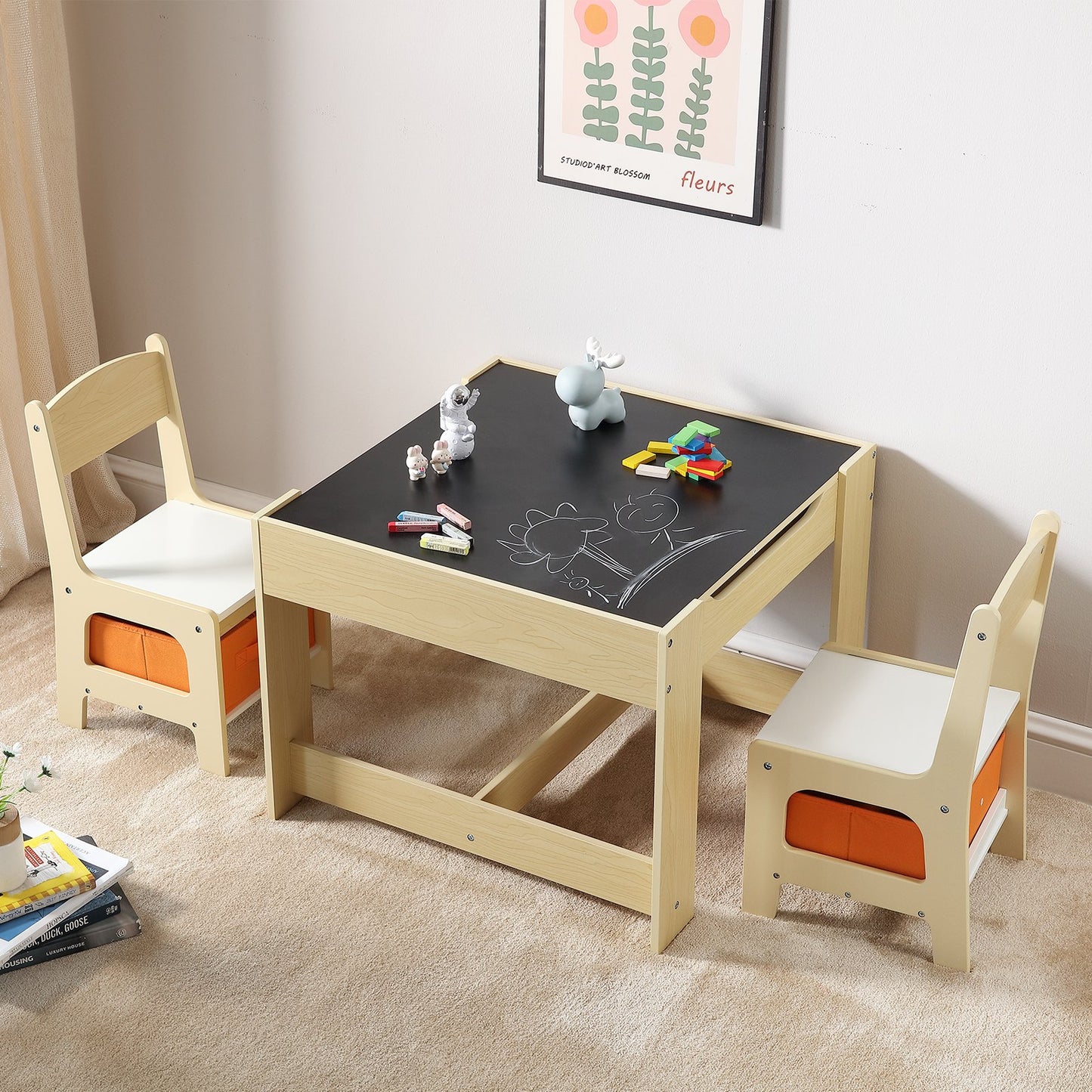 Kids Table and Chair Set Wooden Activity Table with Storage Space & Boxes V952-DCWETZYYZEYBIAWBVV0