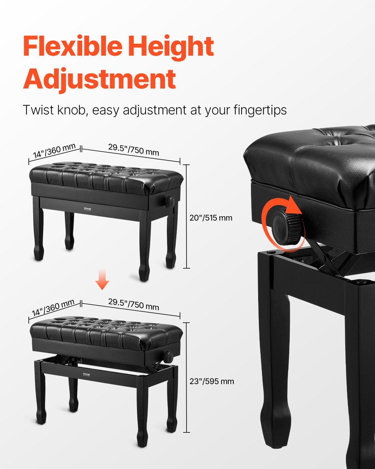Piano Bench, Duet Keyboard Piano Chair with 20.3"-23.4" Adjustable Height, High-Density Padded Cushion, V952-DCWXGQZDSMSRQOODMV0