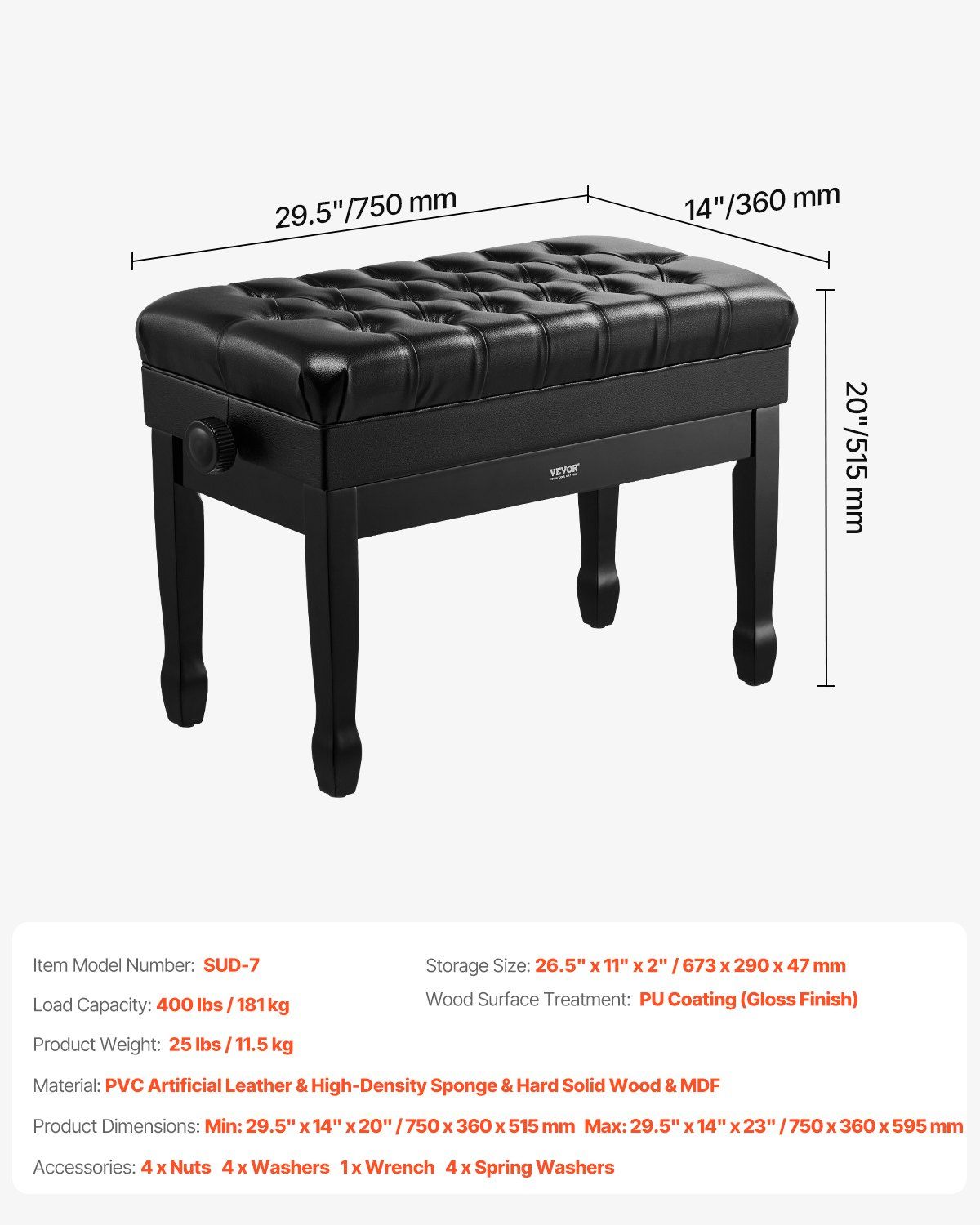 Piano Bench, Duet Keyboard Piano Chair with 20.3"-23.4" Adjustable Height, High-Density Padded Cushion, V952-DCWXGQZDSMSRQOODMV0