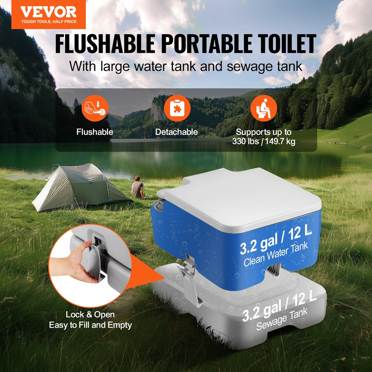 Portable Toilet for Camping with Carry Bag, RV Toilet with 3.2 Gal Waste Tank, Push-Button Pressurized Flush V952-DCX32GAL32GALYTV0V0