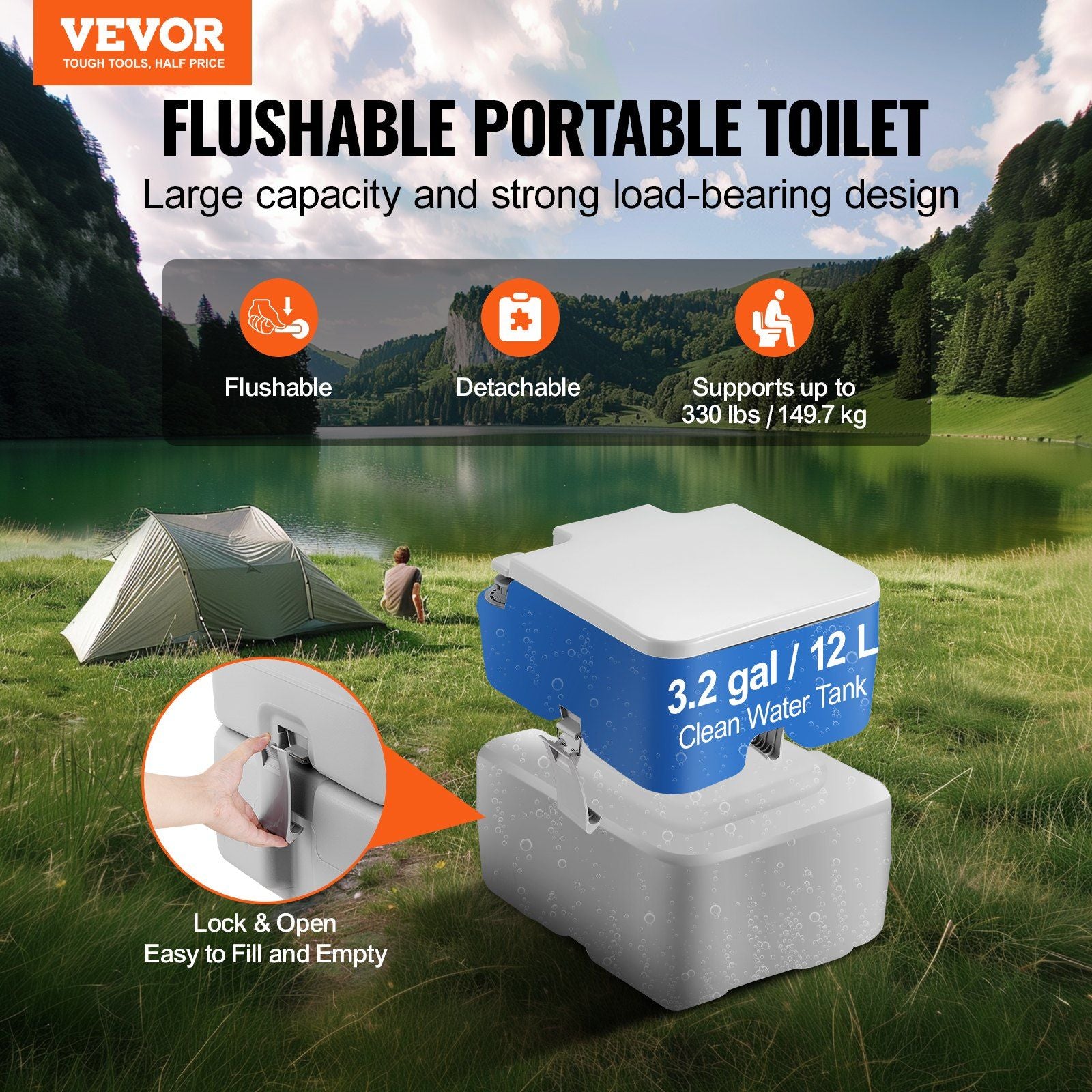 Portable Toilet for Camping, Porta Potty with Carry Bag, 5.3 Gal Waste Tank & 3.2 Gal Flush Tank, Push-Button V952-DCX53GAL32GALWN45V0