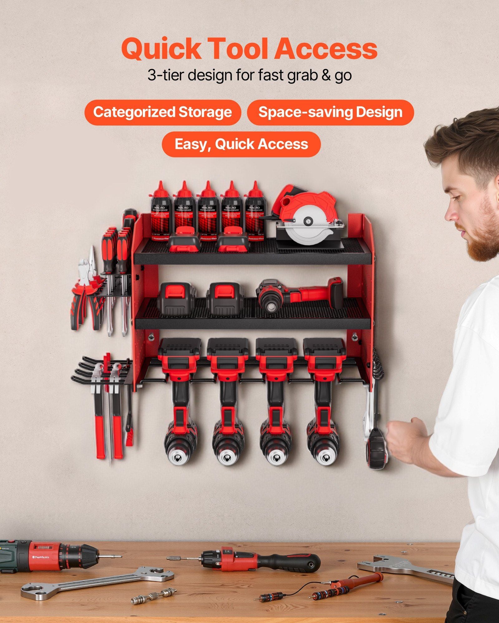 Power Tool Organizer Wall Mount, 3-Layer Storage Rack with 4 Drill Holders, Tools Holder and Storage Rack V952-DDGJJTZGBK3C97DJ3002V0