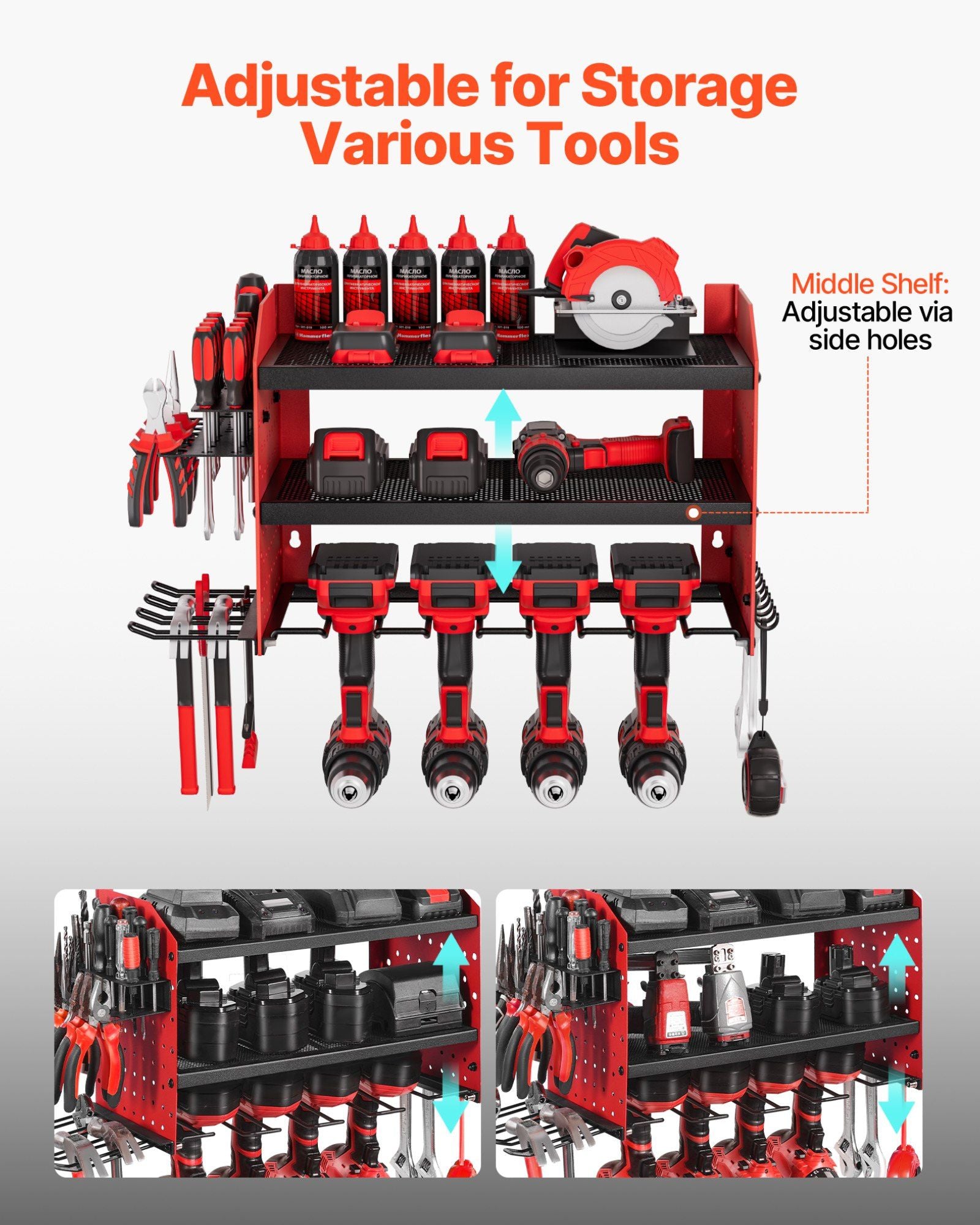 Power Tool Organizer Wall Mount, 3-Layer Storage Rack with 4 Drill Holders, Tools Holder and Storage Rack V952-DDGJJTZGBK3C97DJ3002V0