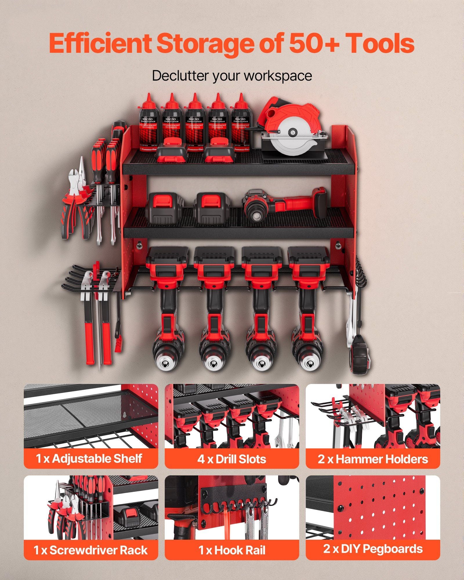 Power Tool Organizer Wall Mount, 3-Layer Storage Rack with 4 Drill Holders, Tools Holder and Storage Rack V952-DDGJJTZGBK3C97DJ3002V0