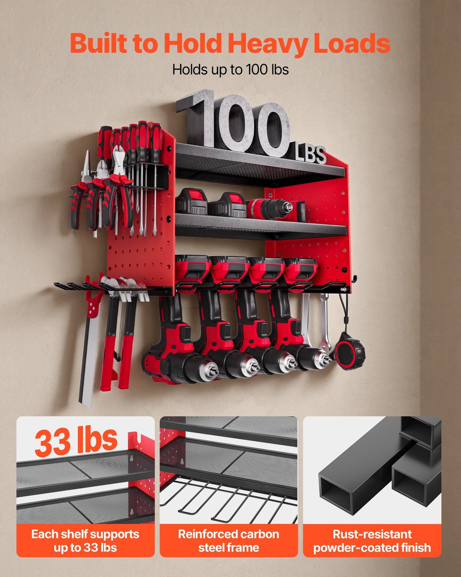 Power Tool Organizer Wall Mount, 3-Layer Storage Rack with 4 Drill Holders, Tools Holder and Storage Rack V952-DDGJJTZGBK3C97DJ3002V0