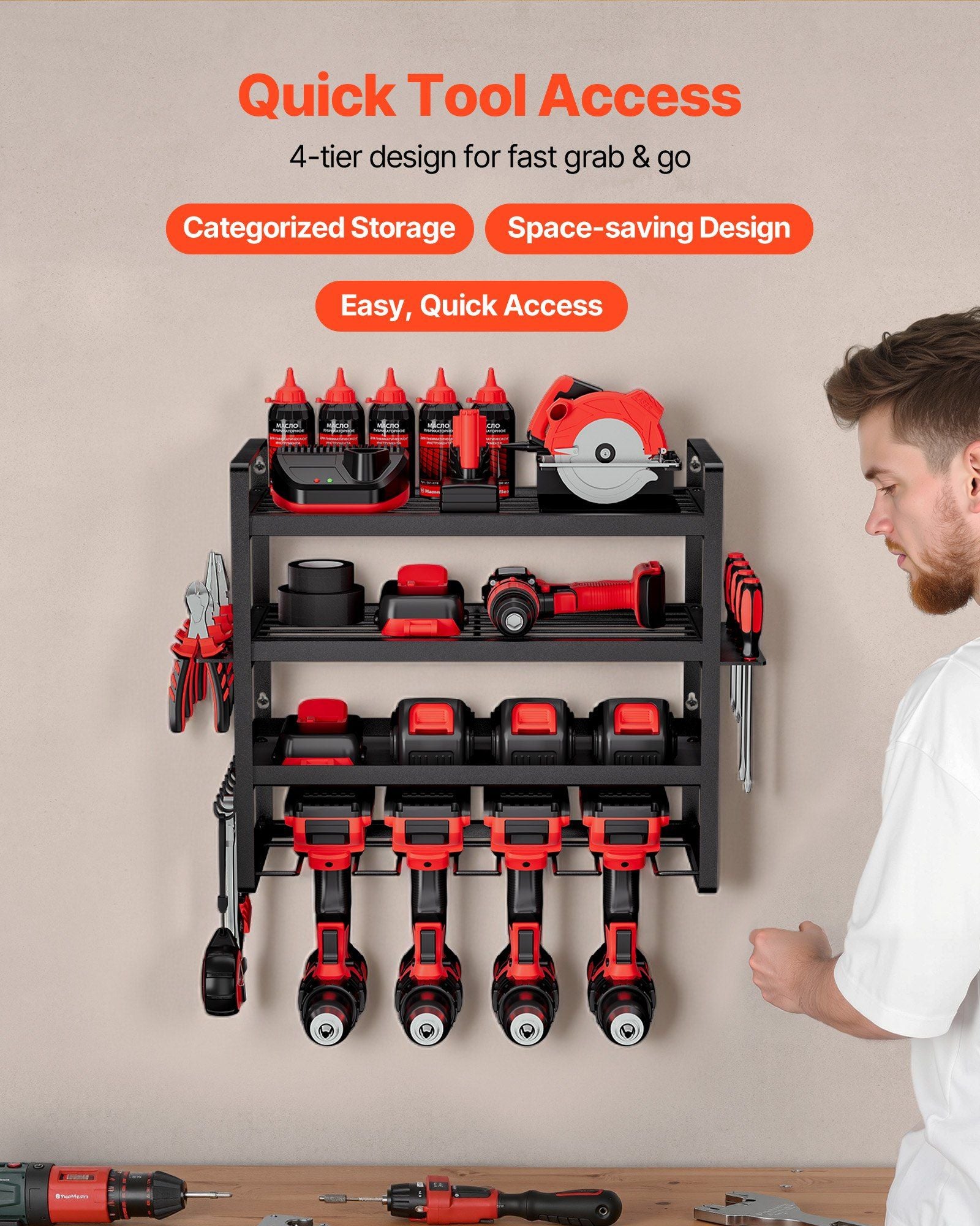 Power Tool Organizer Wall Mount, 4-Layer Storage Rack with 4 Drill Holders, Tools Holder and Storage Rack V952-DDGJJTZJCK4CK95XO002V0