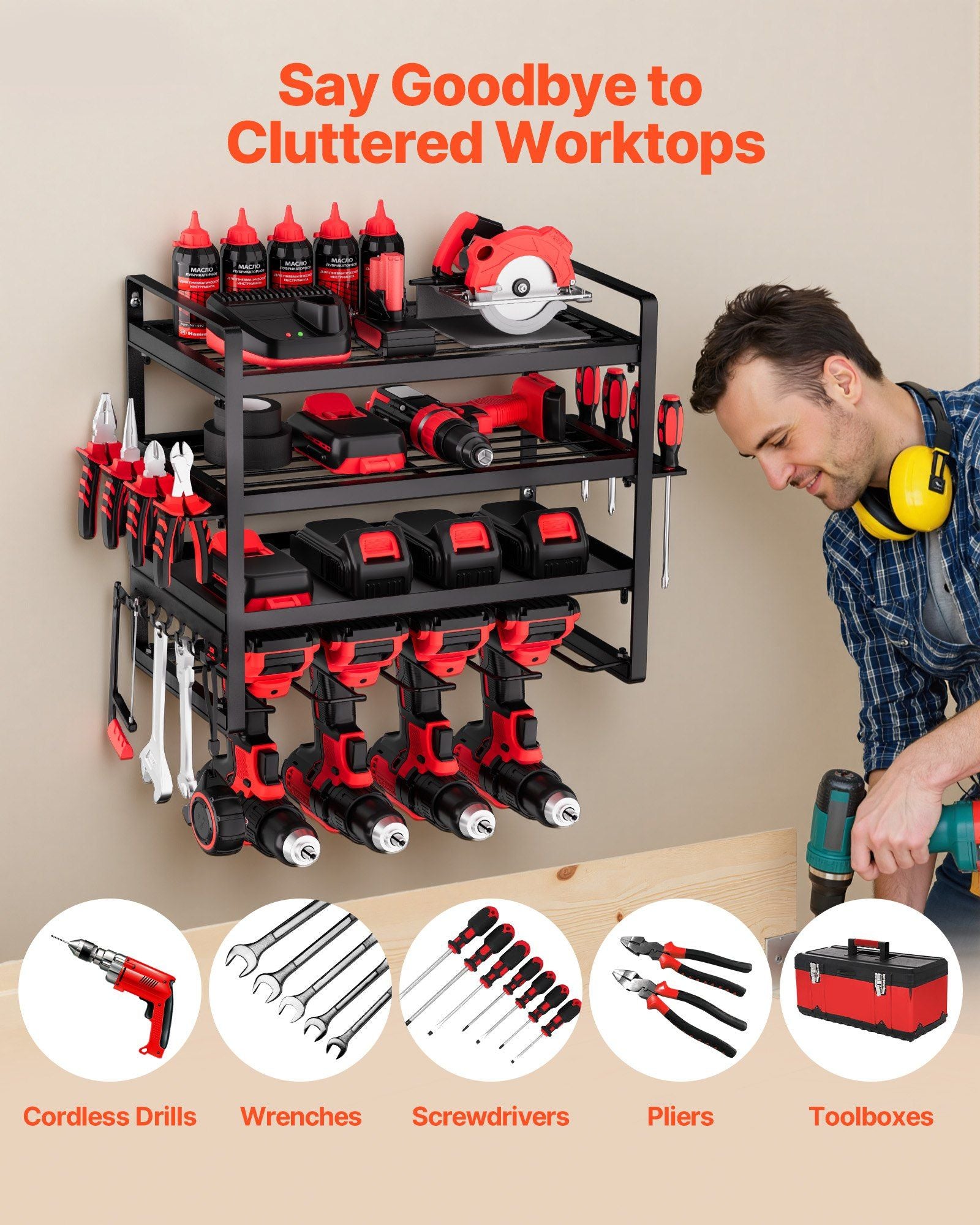 Power Tool Organizer Wall Mount, 4-Layer Storage Rack with 4 Drill Holders, Tools Holder and Storage Rack V952-DDGJJTZJCK4CK95XO002V0