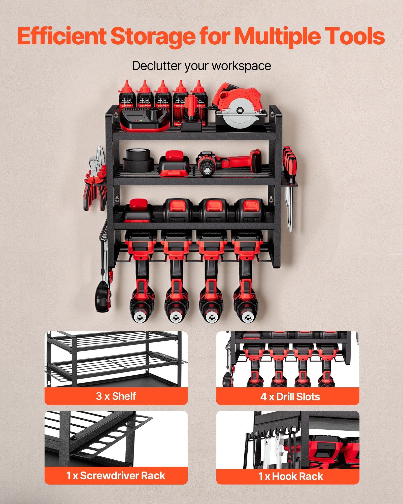 Power Tool Organizer Wall Mount, 4-Layer Storage Rack with 4 Drill Holders, Tools Holder and Storage Rack V952-DDGJJTZJCK4CK95XO002V0