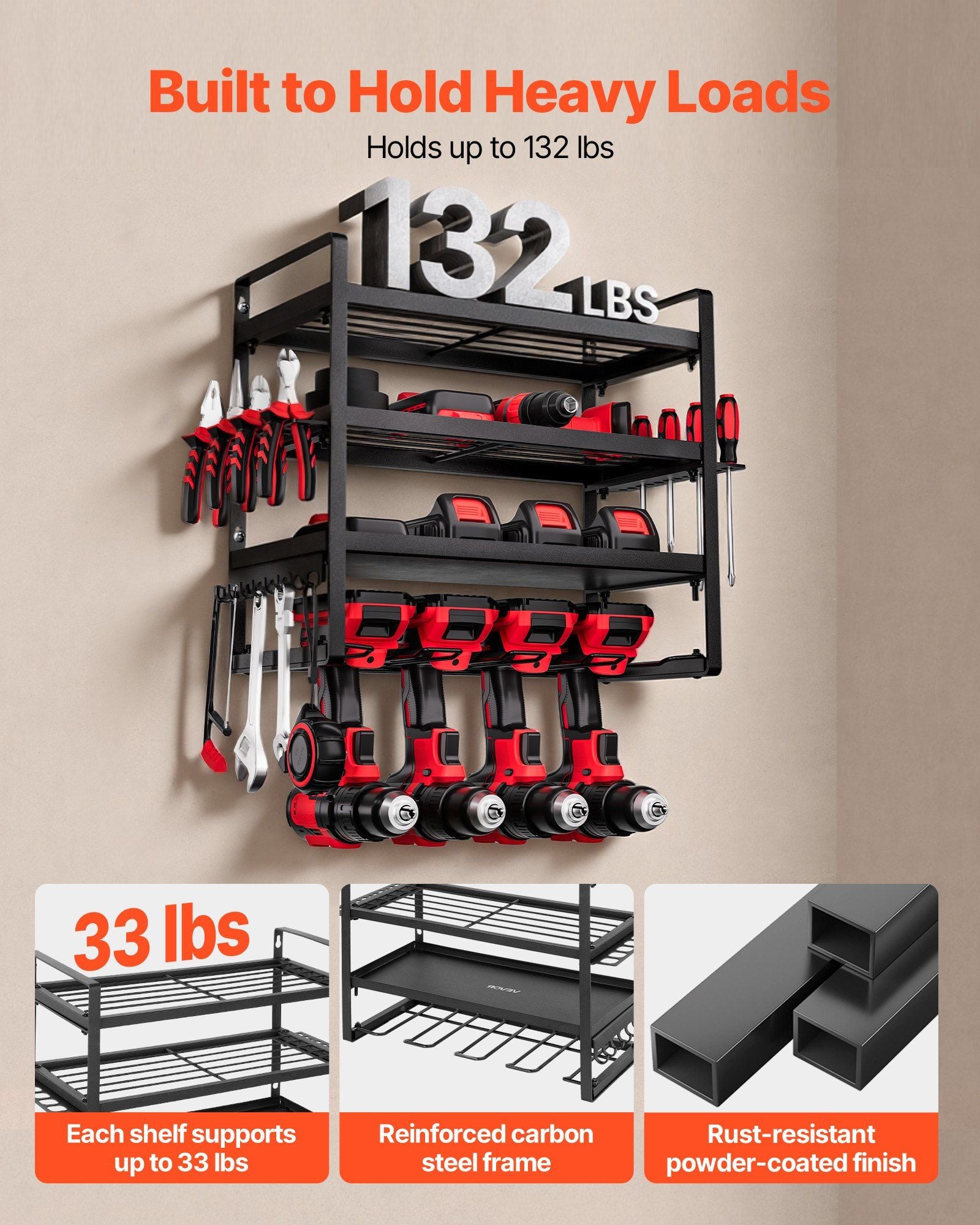 Power Tool Organizer Wall Mount, 4-Layer Storage Rack with 4 Drill Holders, Tools Holder and Storage Rack V952-DDGJJTZJCK4CK95XO002V0