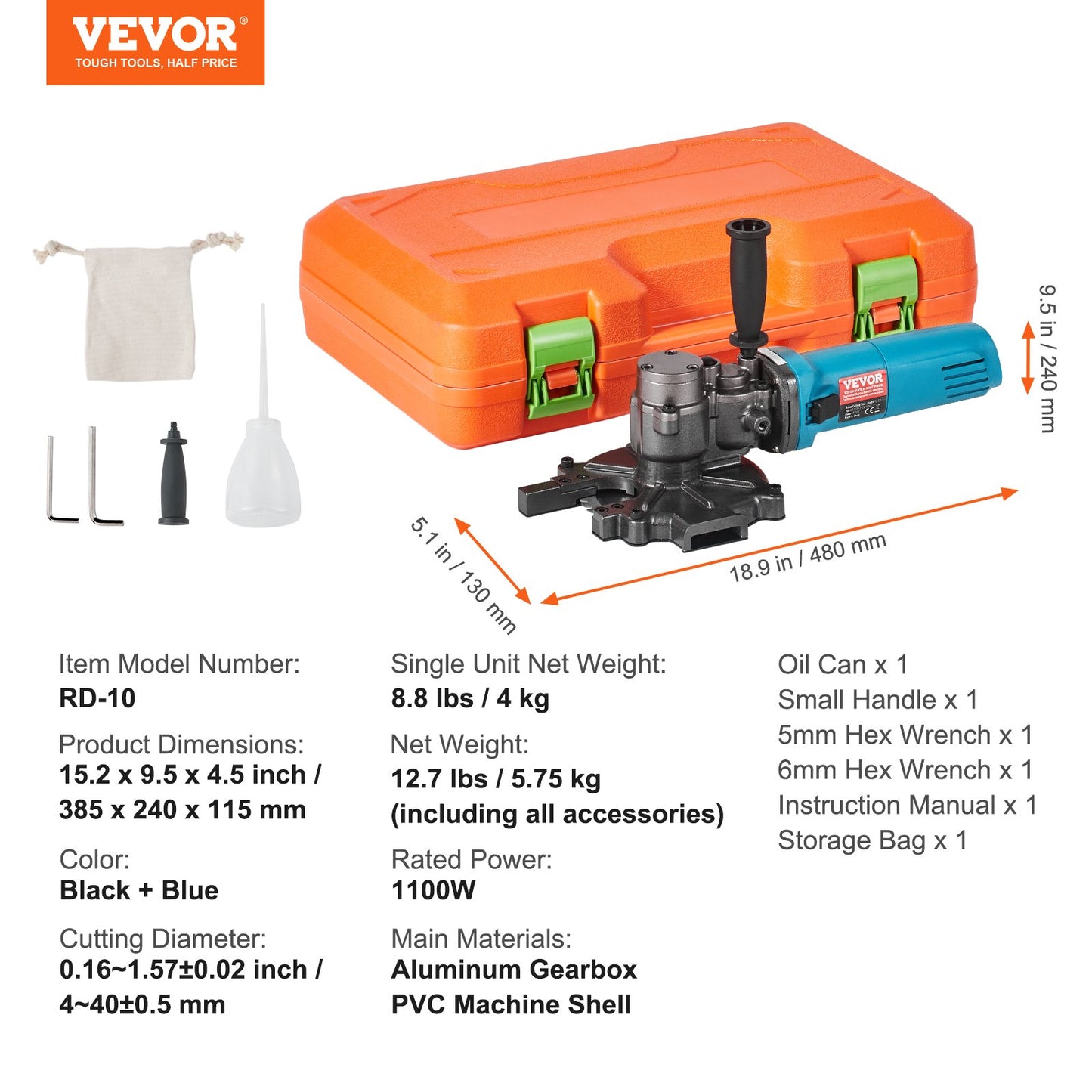 1100W Electric Rebar Cutter Cutting up to 3/2In 4-40mm V952-DDGJQGJ1100WROSKSV3