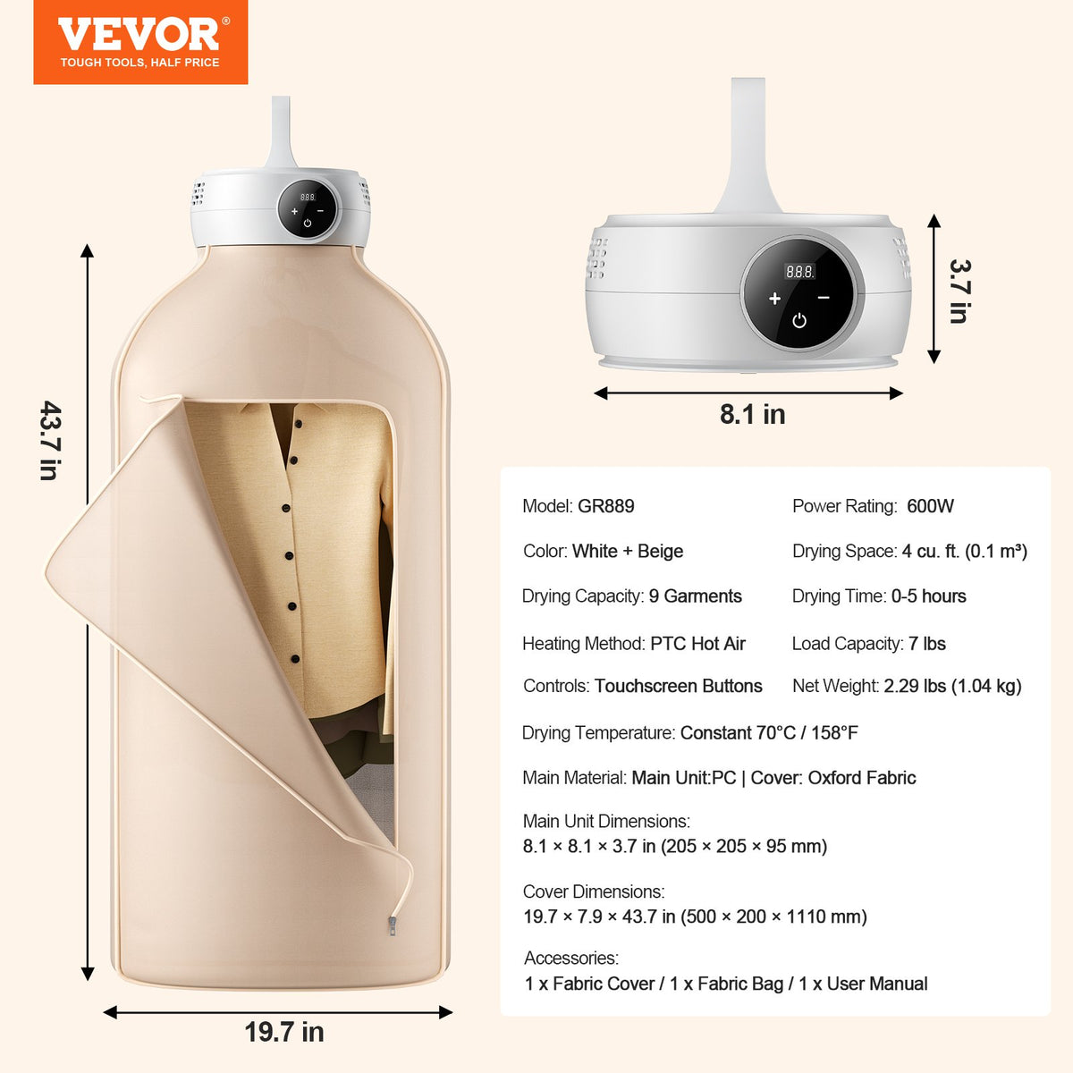 Portable Clothes Dryer, Clothes Dryer with Dryer Bag, PTC Heating & LED Display, Foldable Mini Dryer with 5-H V952-DDHGJBXS600WXGG14V3