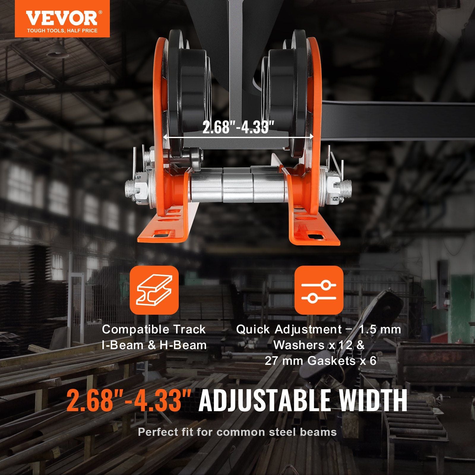 Electric Hoist Manual Trolley, 1 Ton Load Capacity for PA200 PA250 PA300 PA400 PA500, Push Beam Trolley with V952-DDHLSDXC1T26IDDHFV0