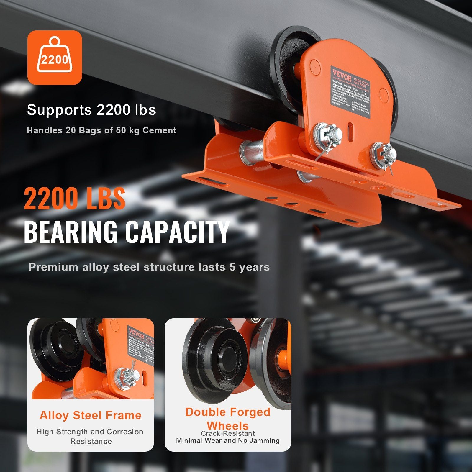 Electric Hoist Manual Trolley, 1 Ton Load Capacity for PA200 PA250 PA300 PA400 PA500, Push Beam Trolley with V952-DDHLSDXC1T26IDDHFV0