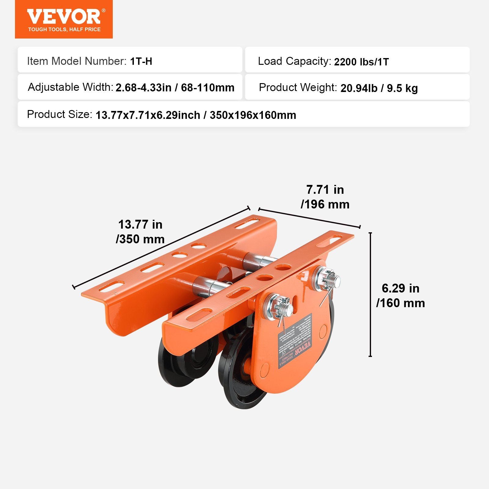 Electric Hoist Manual Trolley, 1 Ton Load Capacity for PA200 PA250 PA300 PA400 PA500, Push Beam Trolley with V952-DDHLSDXC1T26IDDHFV0