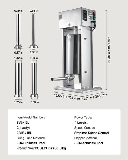 Electric Sausage Stuffer, 33 LBS / 15 L Vertical Meat Stuffer, Stepless Speed Control and Foot Pedal, V952-DDKGCJLS15L0UEPNT001V3