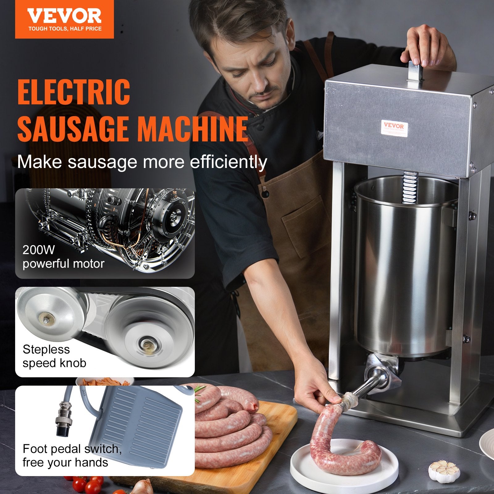 Electric Sausage Stuffer, 12 L / 25 LBS Vertical Meat Stuffer, 200W Motor, Stepless Speed Control and Foot V952-DDLSBXGGCJ12NGFTNV3