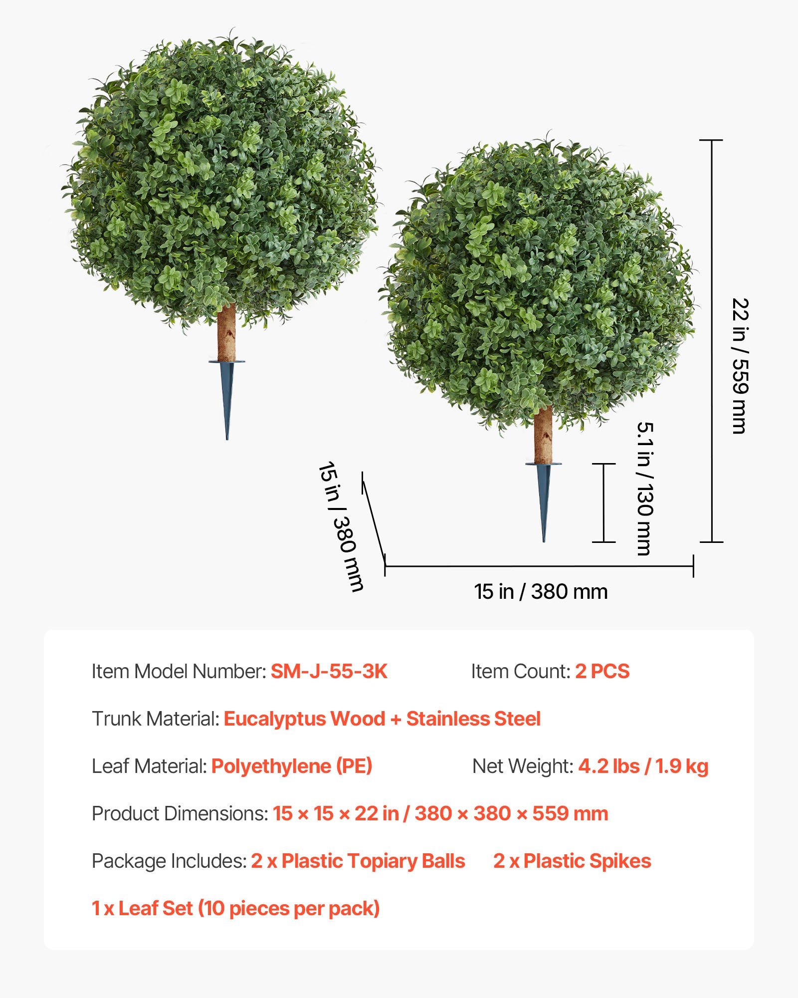Artificial Topiary Boxwood Trees with Ground Spike, 2 Set 559mm Faux Shrubs & Bushes Potted Plants, Fake Silk V952-DDMJCRGXJHYMH3FA0001V0
