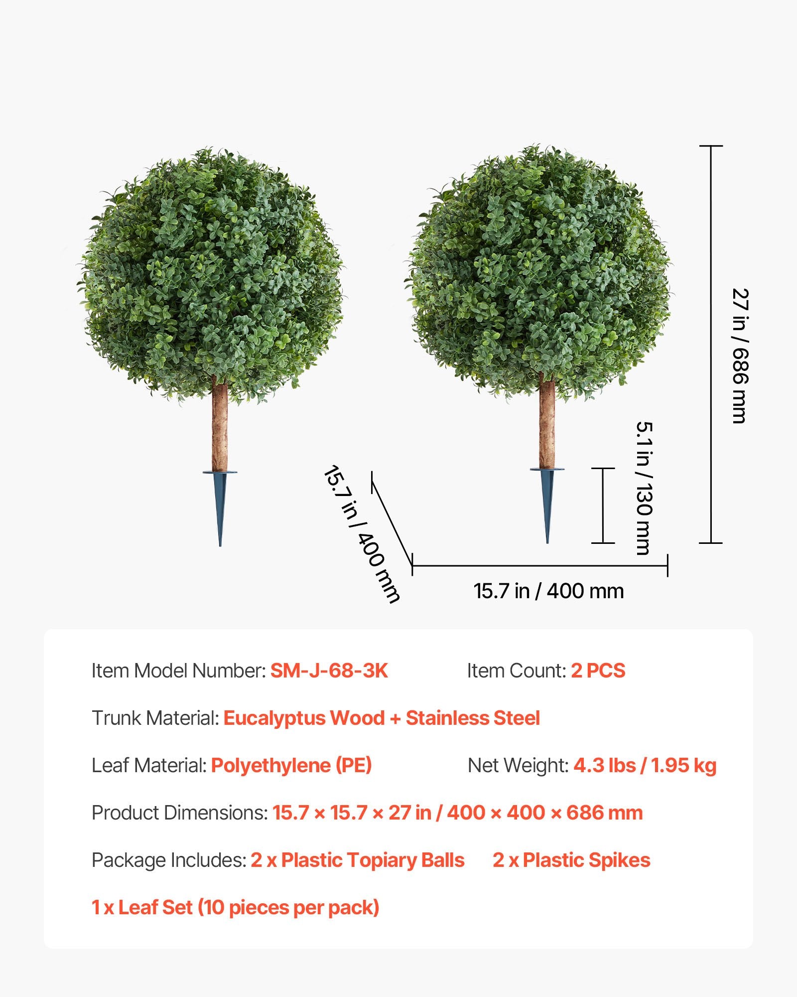 Artificial Topiary Boxwood Trees with Ground Spike, 2 Set 686mm Faux Shrubs & Bushes Potted Plants, Fake Silk V952-DDMJCRGXJHYMXNYUV001V0