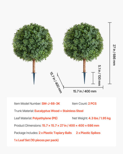Artificial Topiary Boxwood Trees with Ground Spike, 2 Set 686mm Faux Shrubs & Bushes Potted Plants, Fake Silk V952-DDMJCRGXJHYMXNYUV001V0