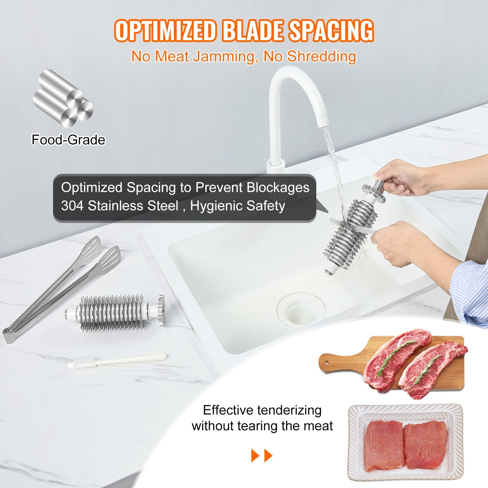 Commercial Meat Tenderizer, Heavy Duty Stainless Steel Kitchen Tool with Handle, Meat Tong, and Cleaning V952-DDNRJ17INCH4R7F1XV3