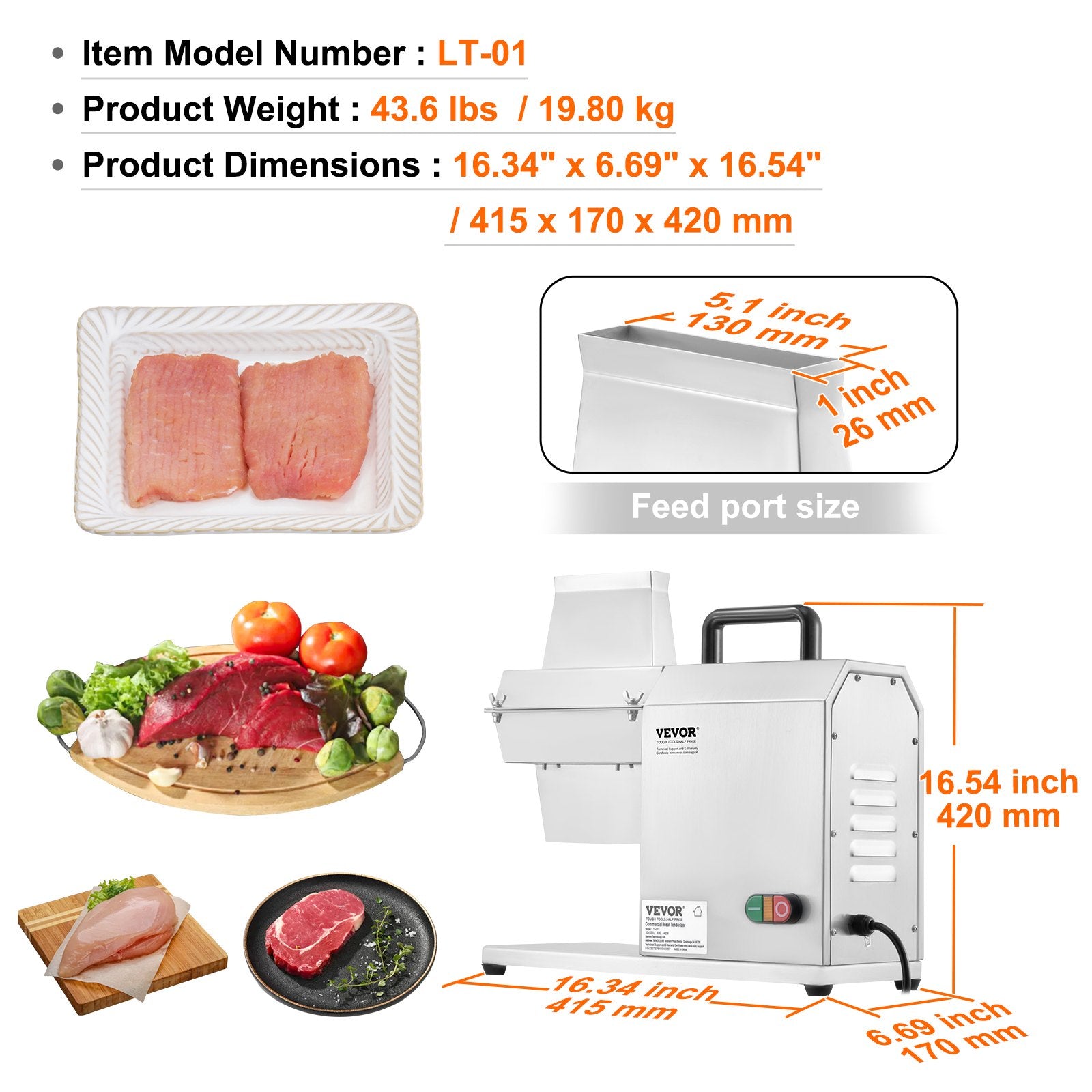 Commercial Meat Tenderizer, Heavy Duty Stainless Steel Kitchen Tool with Handle, Meat Tong, and Cleaning V952-DDNRJ17INCH4R7F1XV3