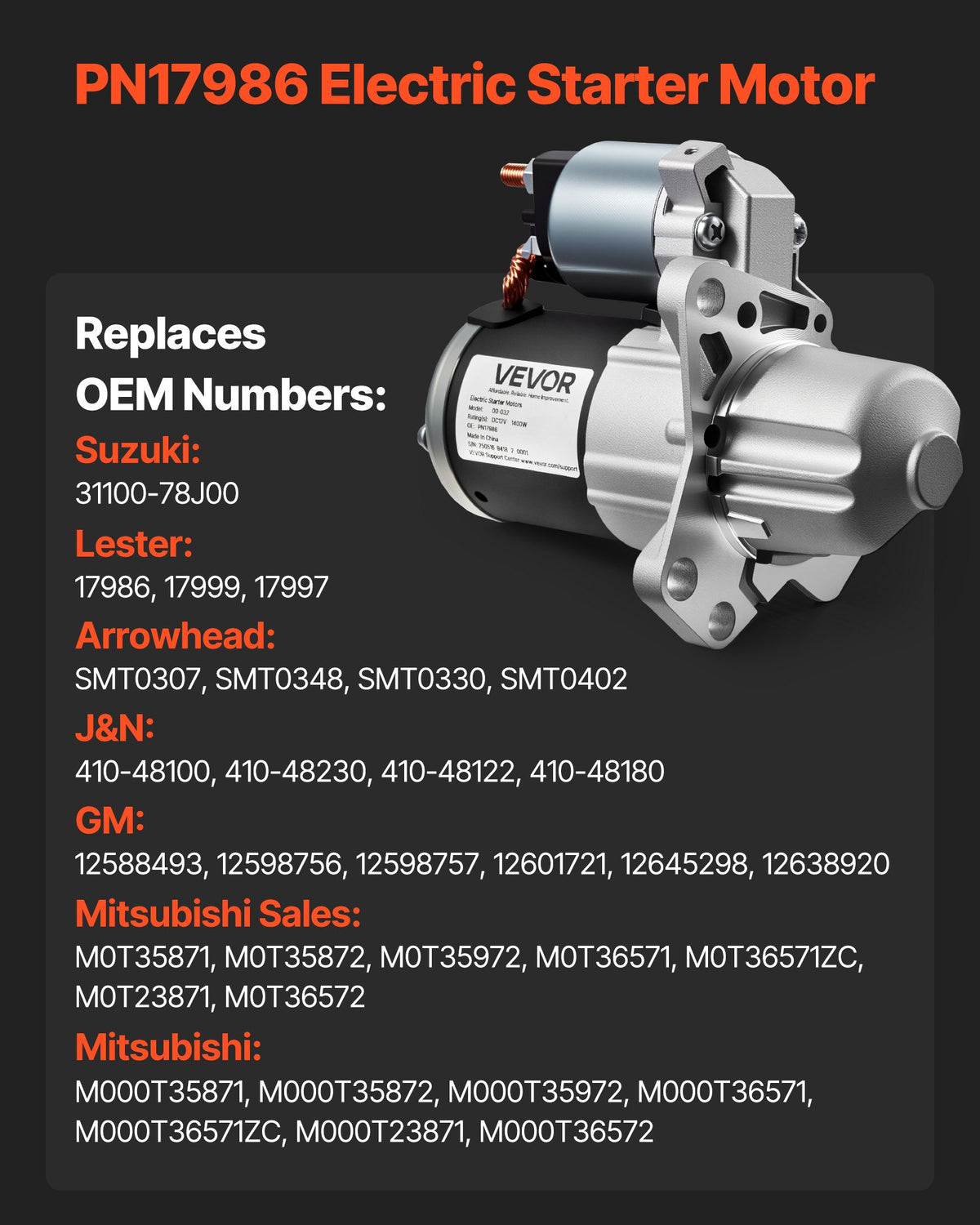 Starter 17986, Starter Motor Replacement Compatible with Buick 3.6L V6 06-08, Cadillac SRX 3.0L V6 10-11, V952-DDQDMDPN17984J8R3001V9