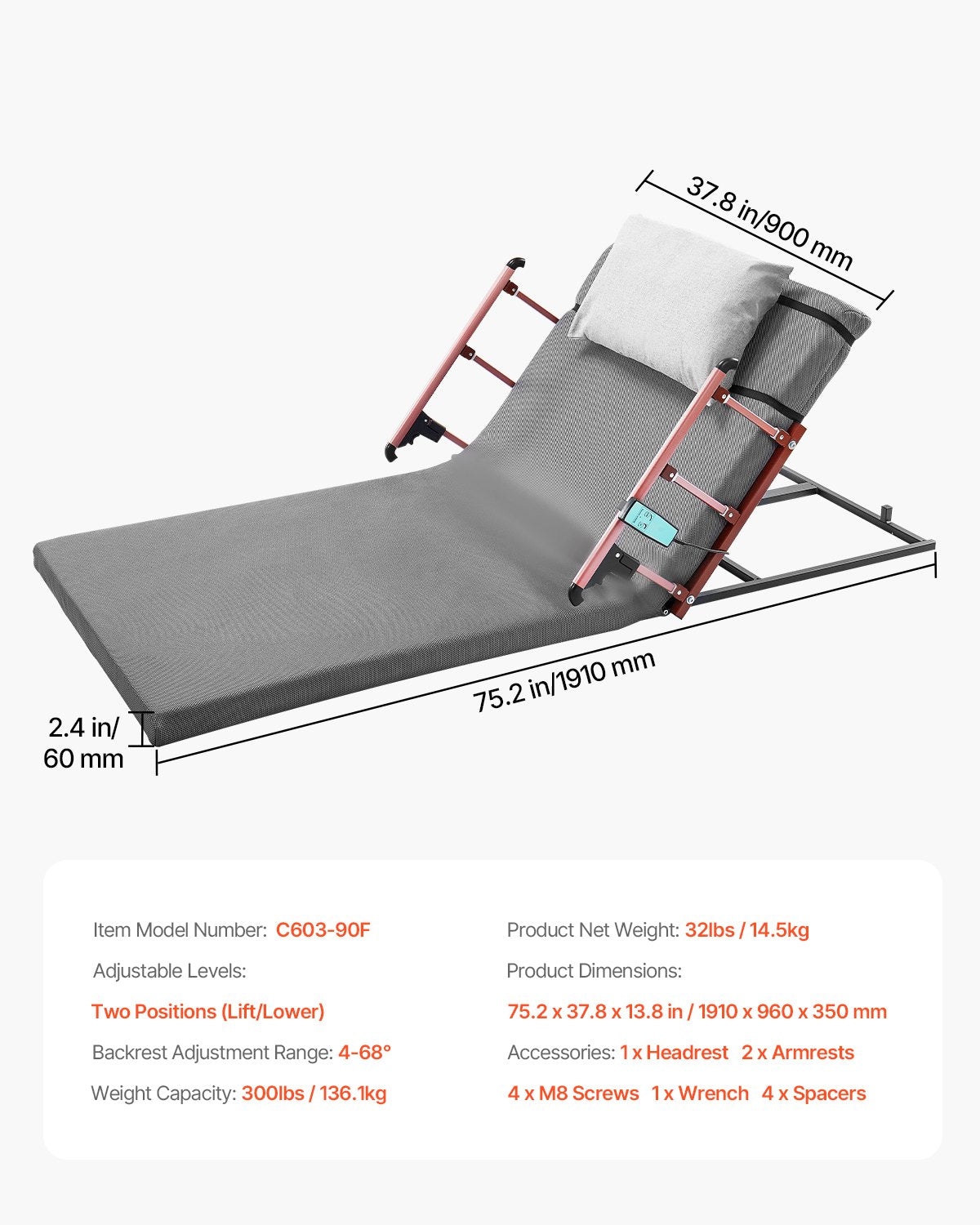 Electric Lifting Backrest 136 kg 4-68 degrees Adjustable with Folable Guardrail, 1910 x 960 mm V952-DDSJQBQSJKB94JIWQ001V3