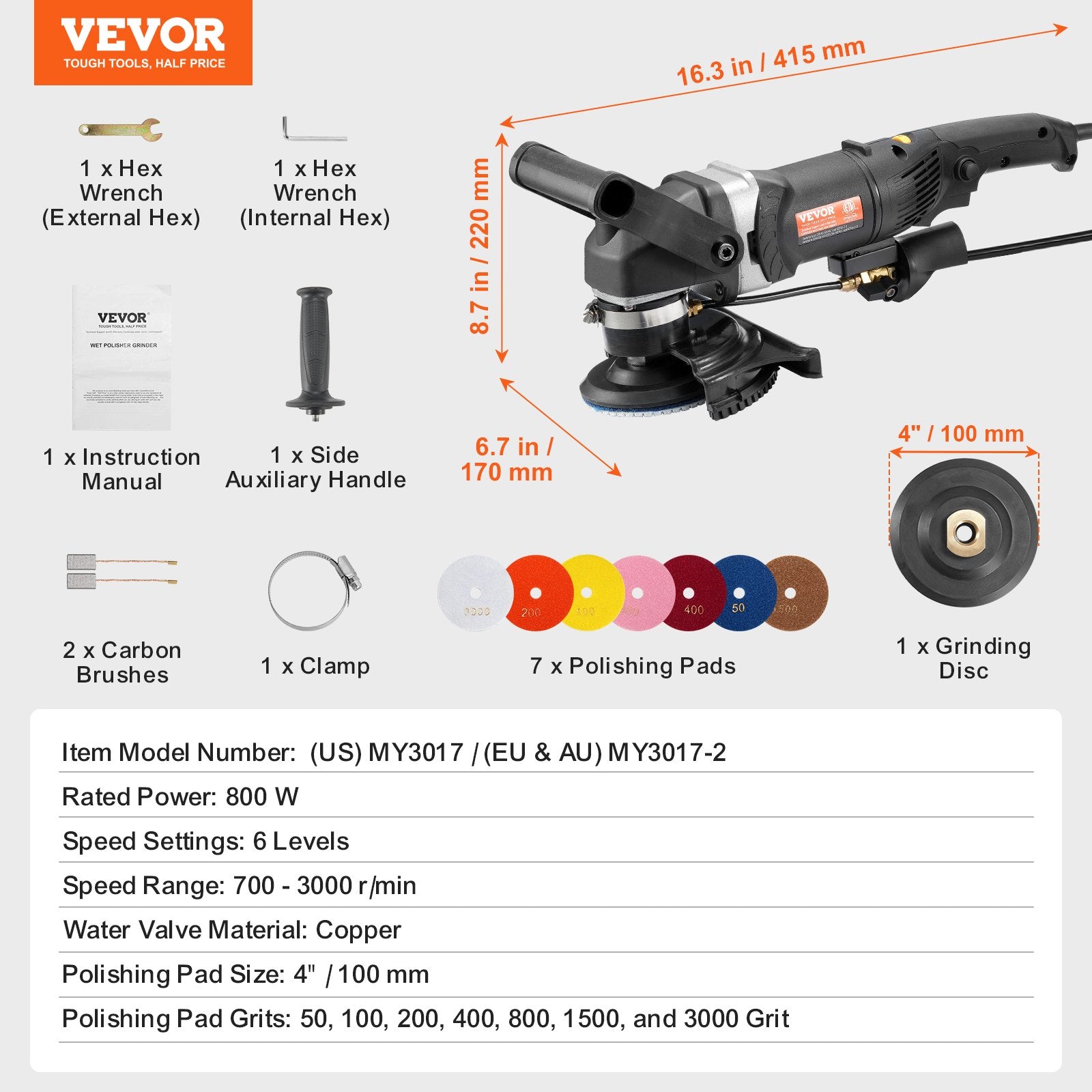 Wet Stone Polisher 4-Inch 800W Electric Concrete Polisher 6 Speed 7 Pads V952-DDSSPGJTZYPJQ91Y0V3