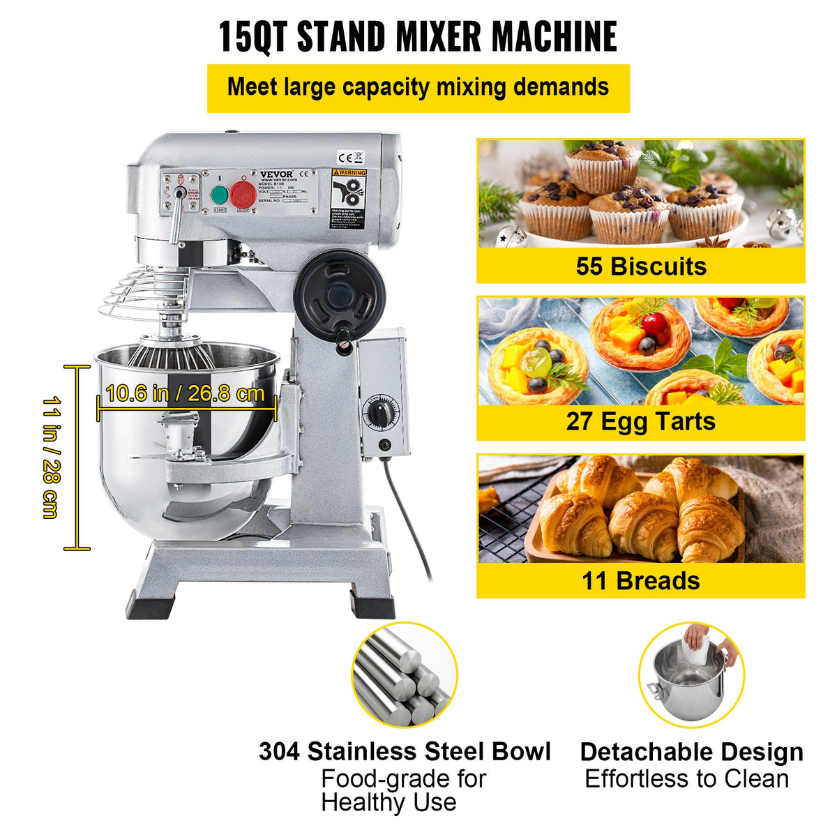Commercial Stand Mixer, 850W Heavy Duty Electric Food Mixer, 15Qt Stainless Steel Bowl with 3 Speeds V952-DDSYJ15QT220V9V5GV3