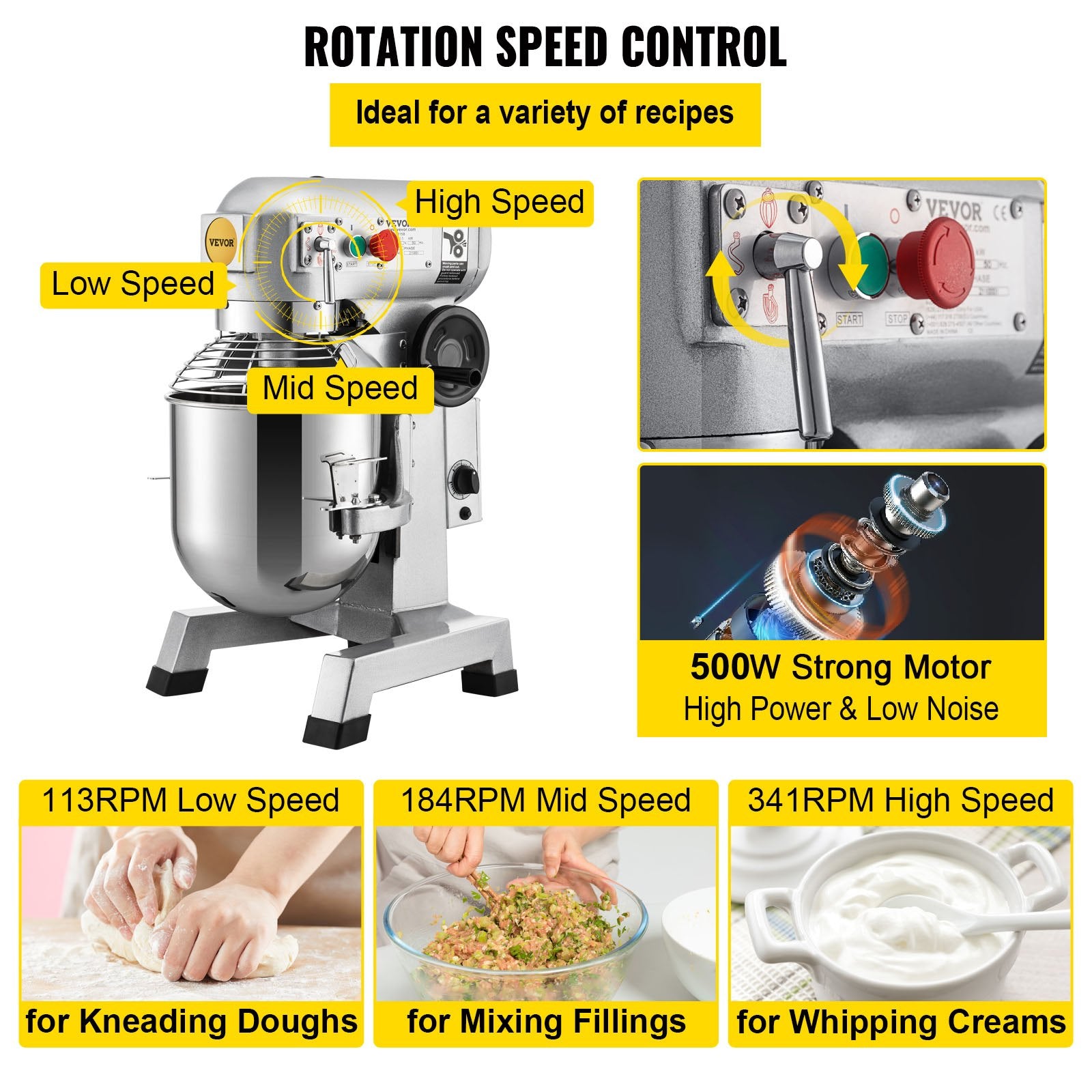 Commercial Stand Mixer, 850W Heavy Duty Electric Food Mixer, 15Qt Stainless Steel Bowl with 3 Speeds V952-DDSYJ15QT220V9V5GV3