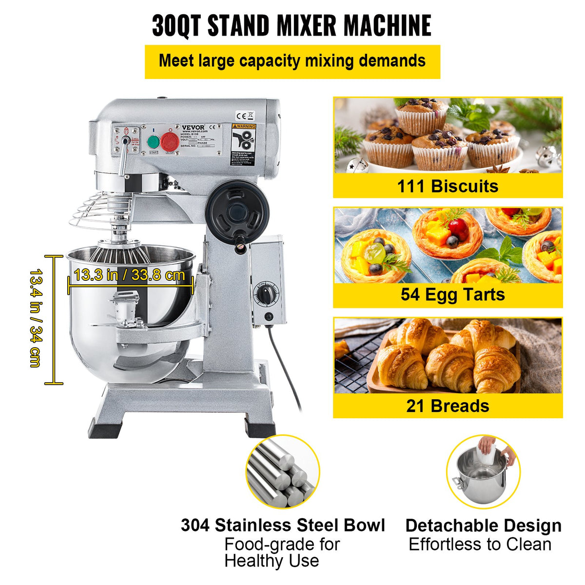 Commercial Food Mixer 30Qt, Food Mixer Commercial with Timing Function, 1100W Stainless Steel Bowl Heavy Duty V952-DDSYJ30QT220VQJUUV3