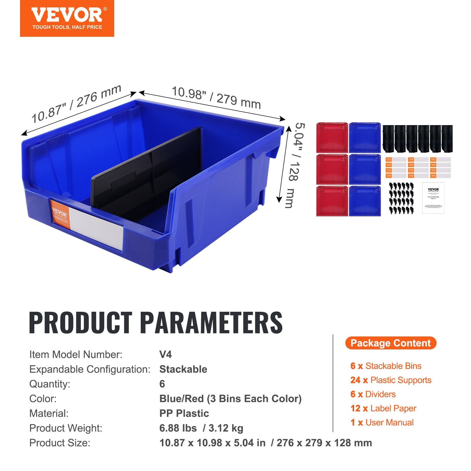 Plastic Storage Bin, (276 mm x 279 mm x 128 mm), Hanging Stackable Storage Organizer Bin, Blue/Red, 6-Pack, V952-DDWLX6G00000096OEV0
