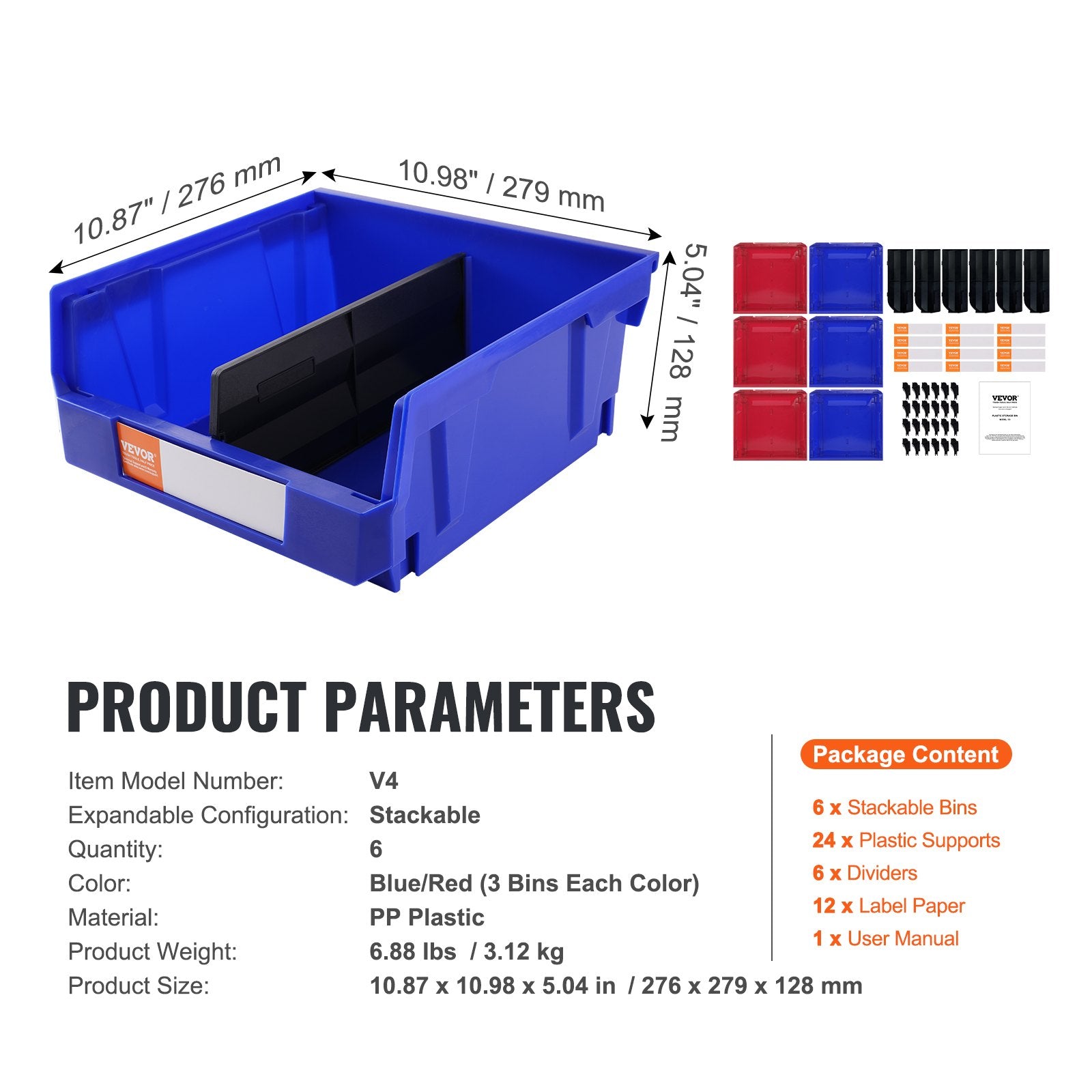 Plastic Storage Bin, (276 mm x 279 mm x 128 mm), Hanging Stackable Storage Organizer Bin, Blue/Red, 6-Pack, V952-DDWLX6G00000096OEV0