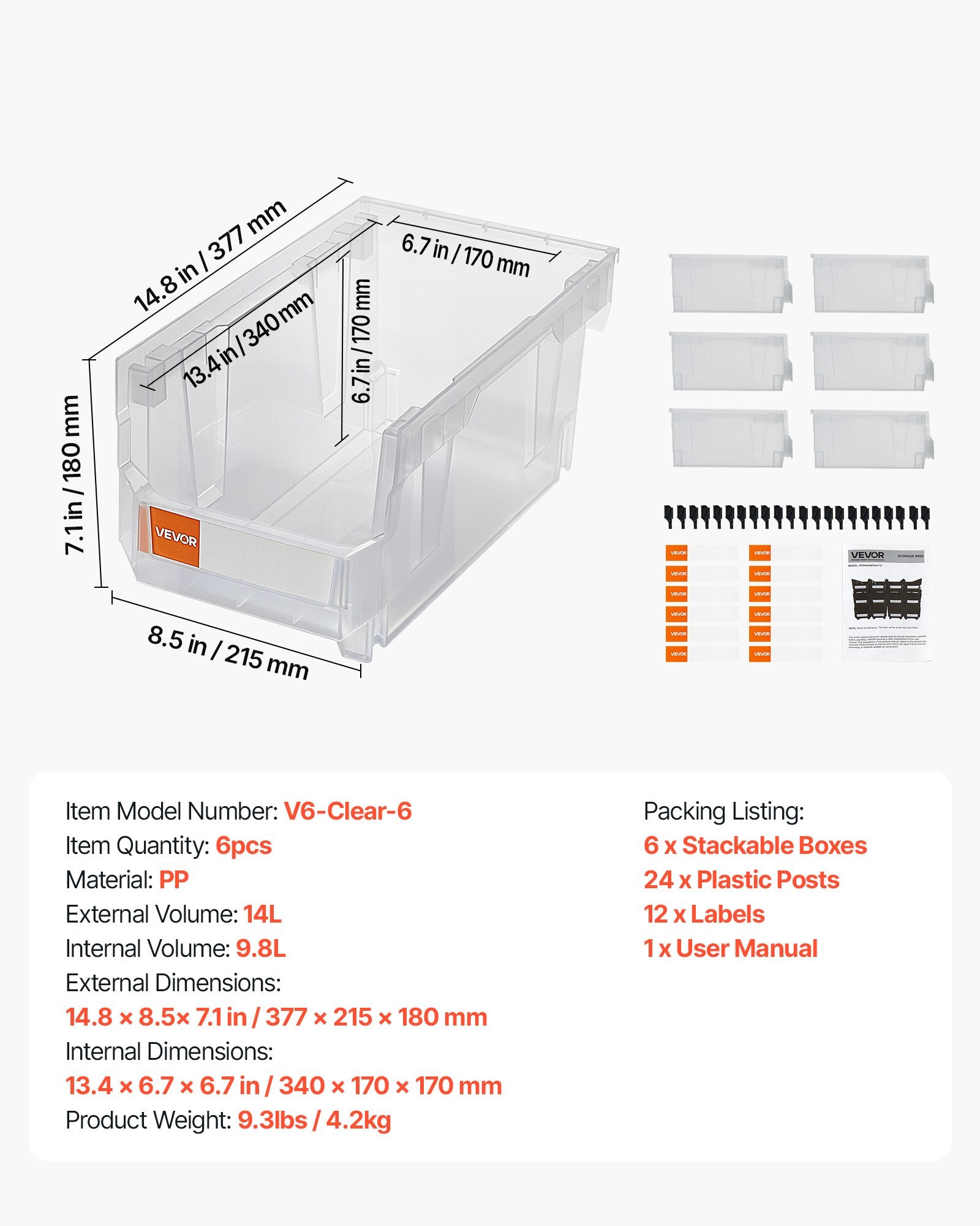 Plastic Stackable Storage Bins, 37.7 x 21.5 x 18 cm (6 Pack), Plastic Containers for Organizing & Storage V952-DDWLX6GZ14LTCARKA001V0