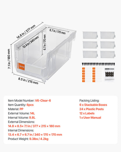 Plastic Stackable Storage Bins, 37.7 x 21.5 x 18 cm (6 Pack), Plastic Containers for Organizing & Storage V952-DDWLX6GZ14LTCARKA001V0