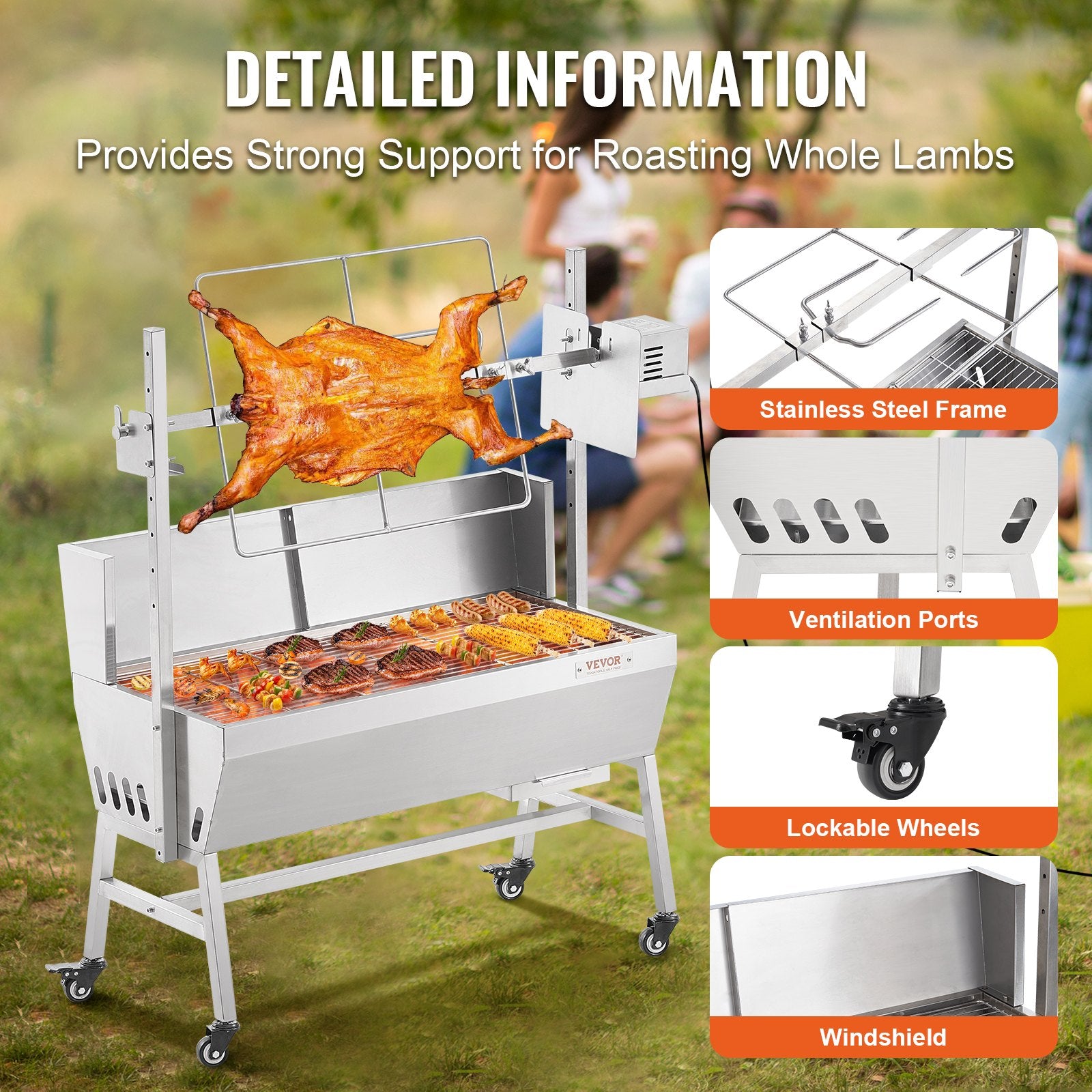 Rotisserie Grill with Windscreen, BBQ Whole Pig Lamb Goat Charcoal Spit Grill, 35 Inch 90 Lbs Capacity, V952-DDXZKJ35YCDBV3Y2GV3
