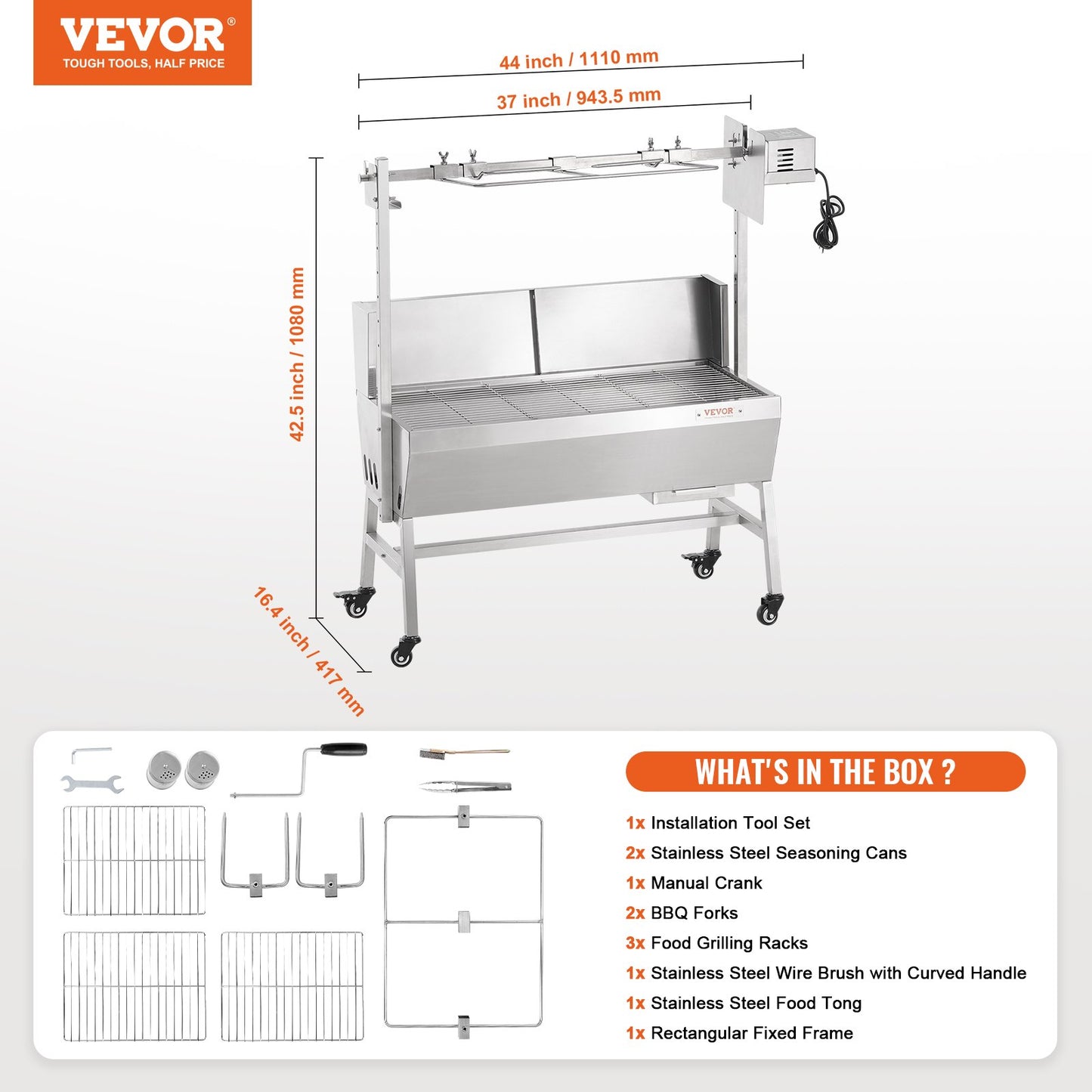 Rotisserie Grill with Windscreen, BBQ Whole Pig Lamb Goat Charcoal Spit Grill, 35 Inch 90 Lbs Capacity, V952-DDXZKJ35YCDBV3Y2GV3