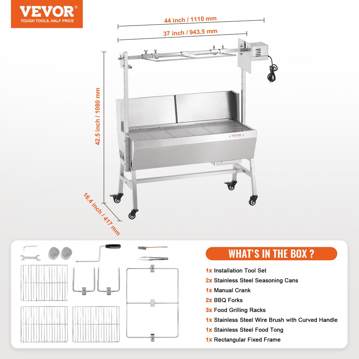 Rotisserie Grill with Windscreen, BBQ Whole Pig Lamb Goat Charcoal Spit Grill, 35 Inch 90 Lbs Capacity, V952-DDXZKJ35YCDBV3Y2GV3
